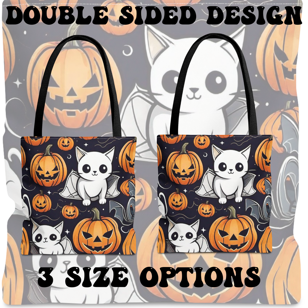Kawaii Bat Cat Halloween Tote Bag — Spooky Pumpkin Pattern