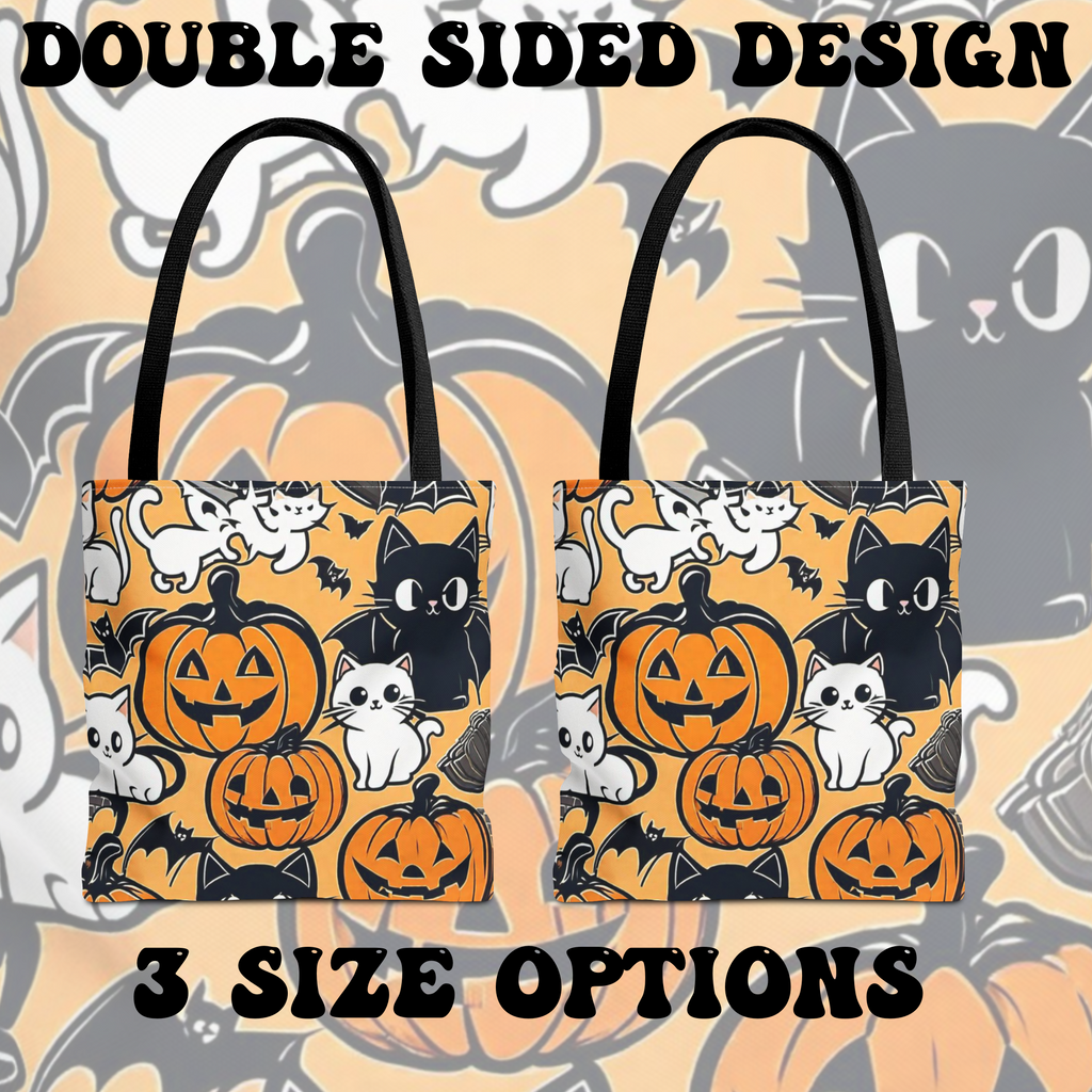 Kawaii Halloween Cat & Pumpkin Tote Bag — Spooky Cute Pattern