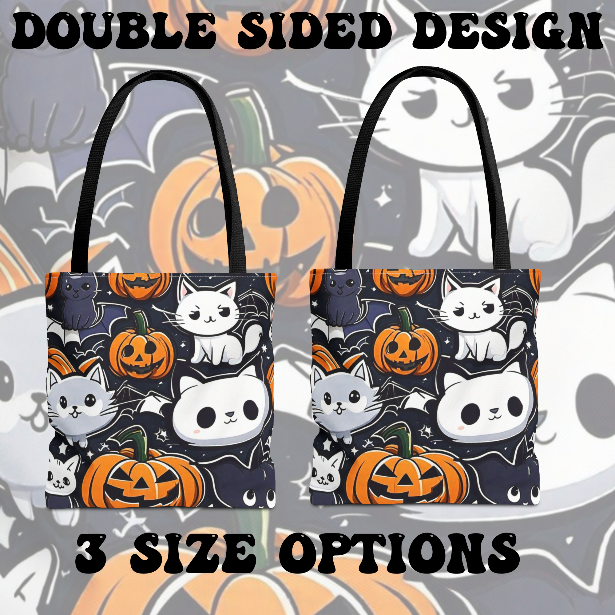 Kawaii Halloween Cat & Pumpkin Tote Bag — Spooky Multi-Cat Pattern