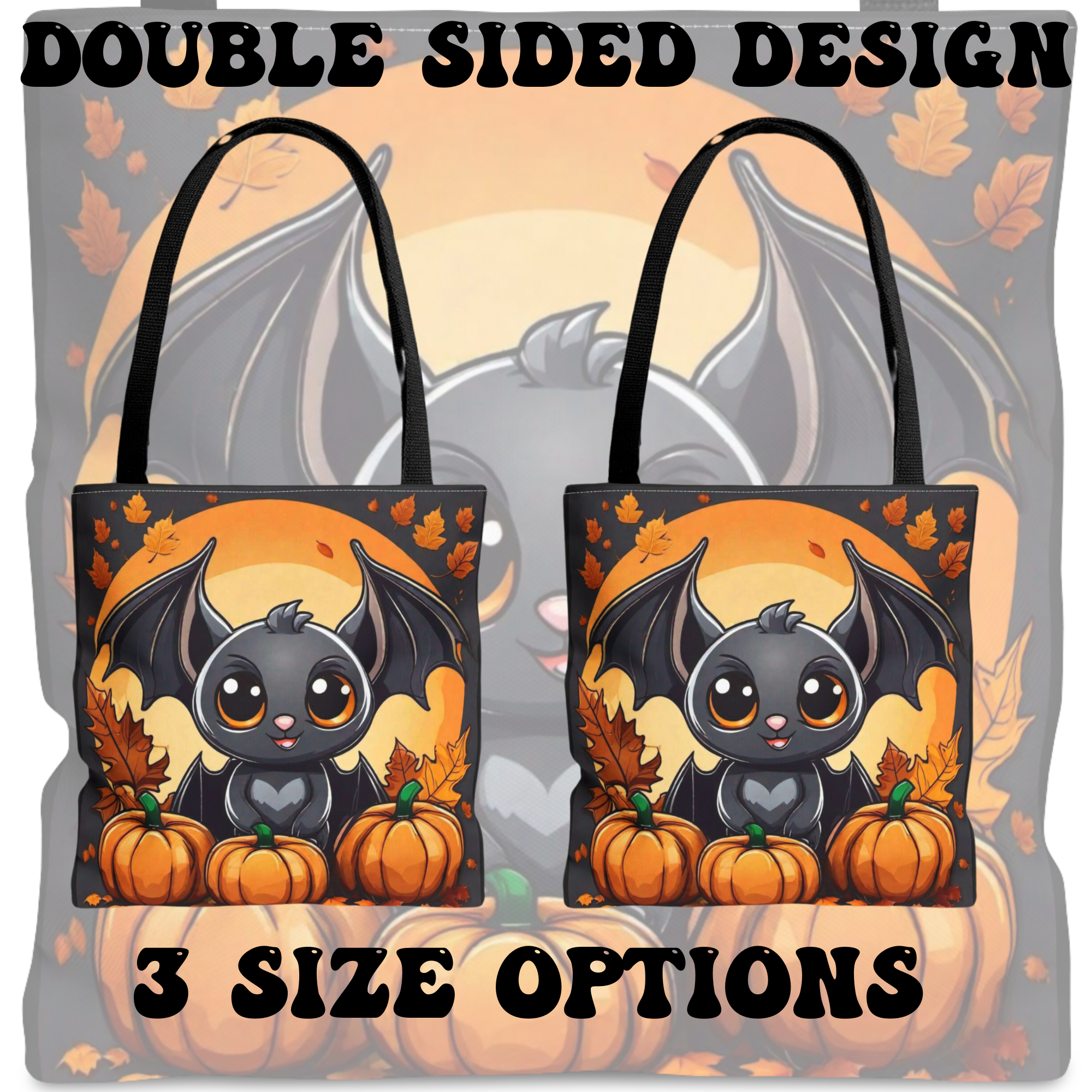 Kawaii Bat & Pumpkin Halloween Tote Bag — Autumn Full Moon Print