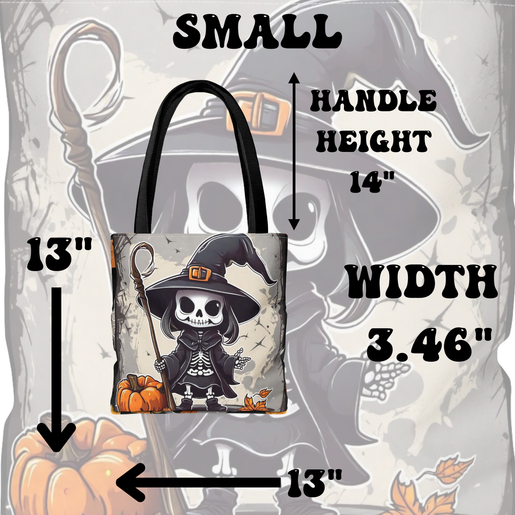 Skeleton Witch Halloween Tote Bag — Spooky Chibi Witch Print