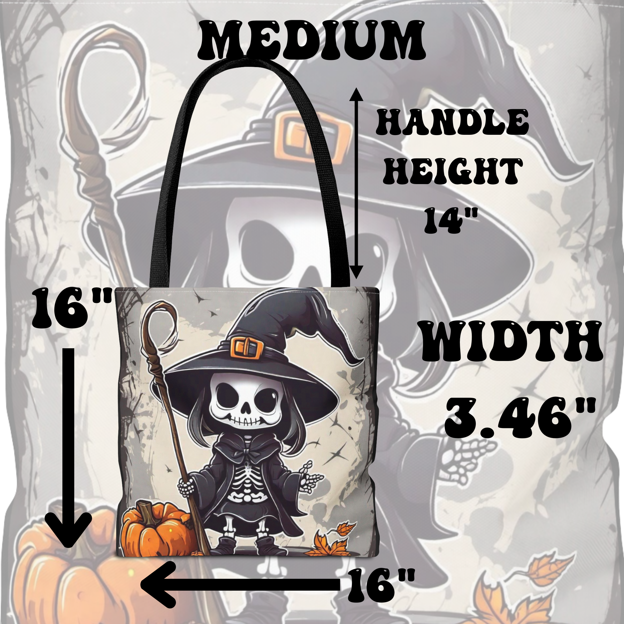 Skeleton Witch Halloween Tote Bag — Spooky Chibi Witch Print