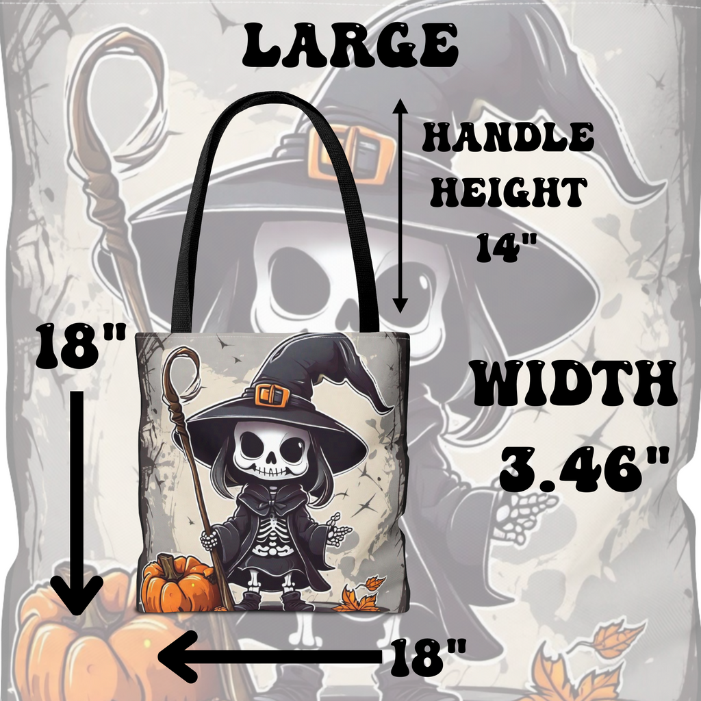 Skeleton Witch Halloween Tote Bag — Spooky Chibi Witch Print