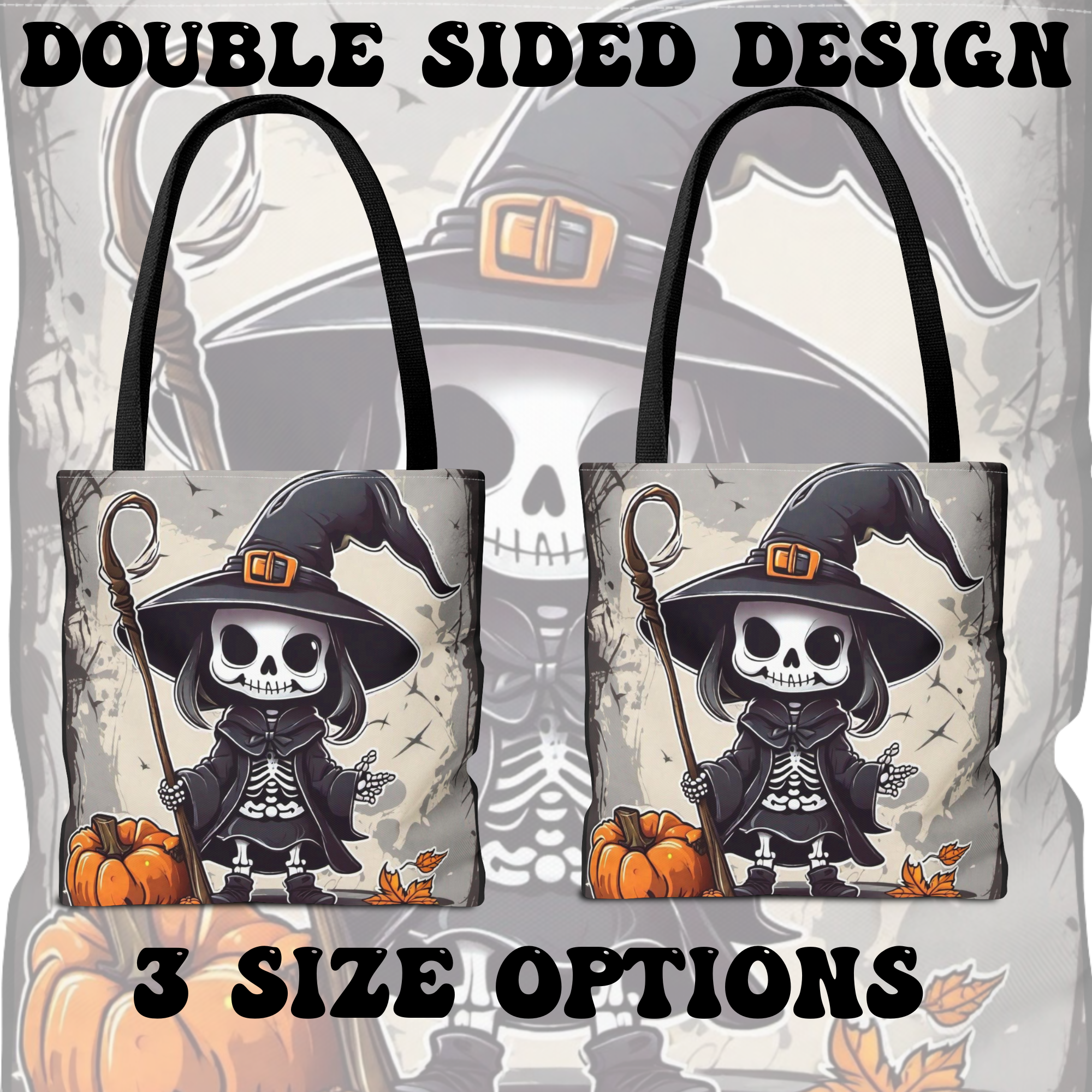 Skeleton Witch Halloween Tote Bag — Spooky Chibi Witch Print