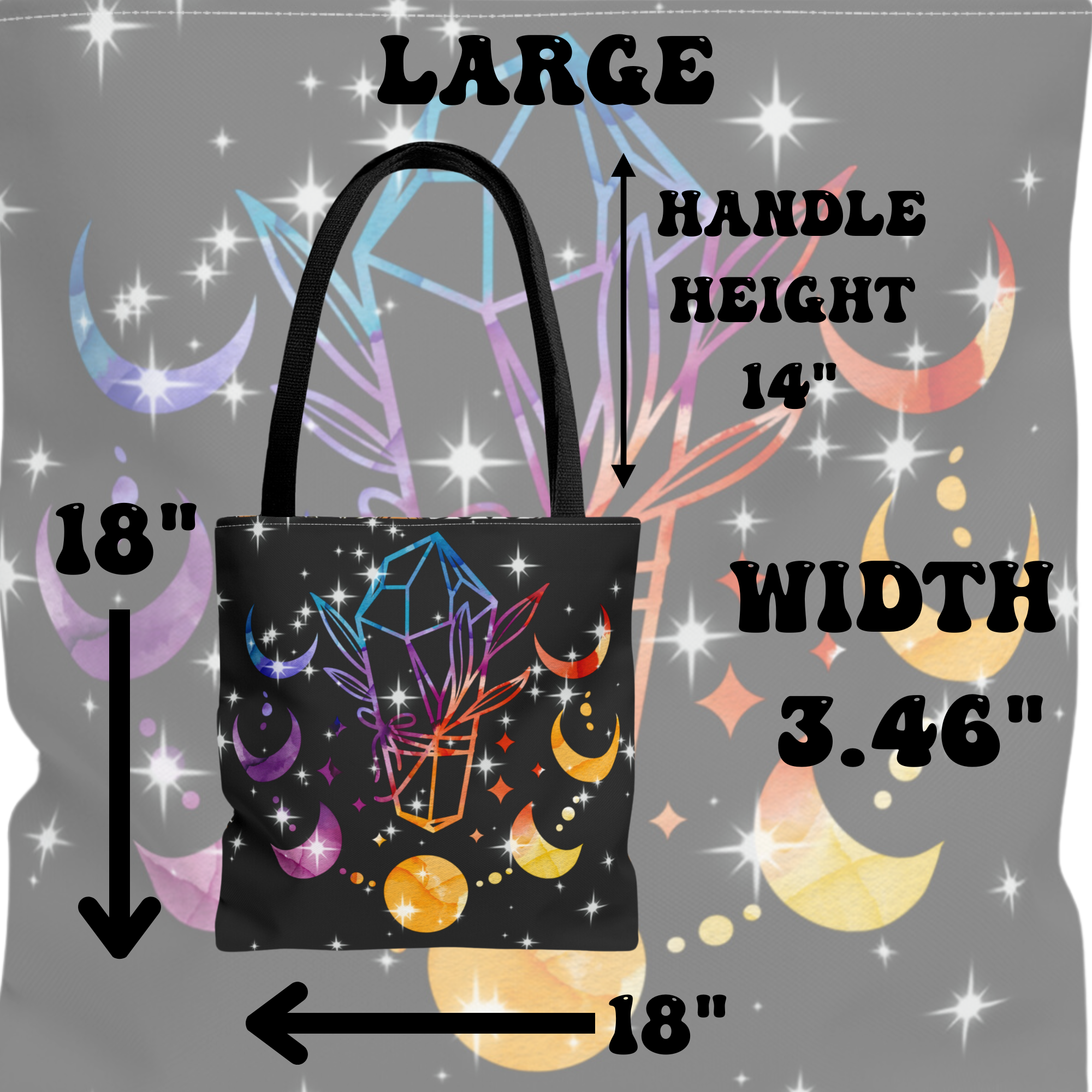 Rainbow Crystal Moon Phase Tote Bag — Celestial Witchy Print