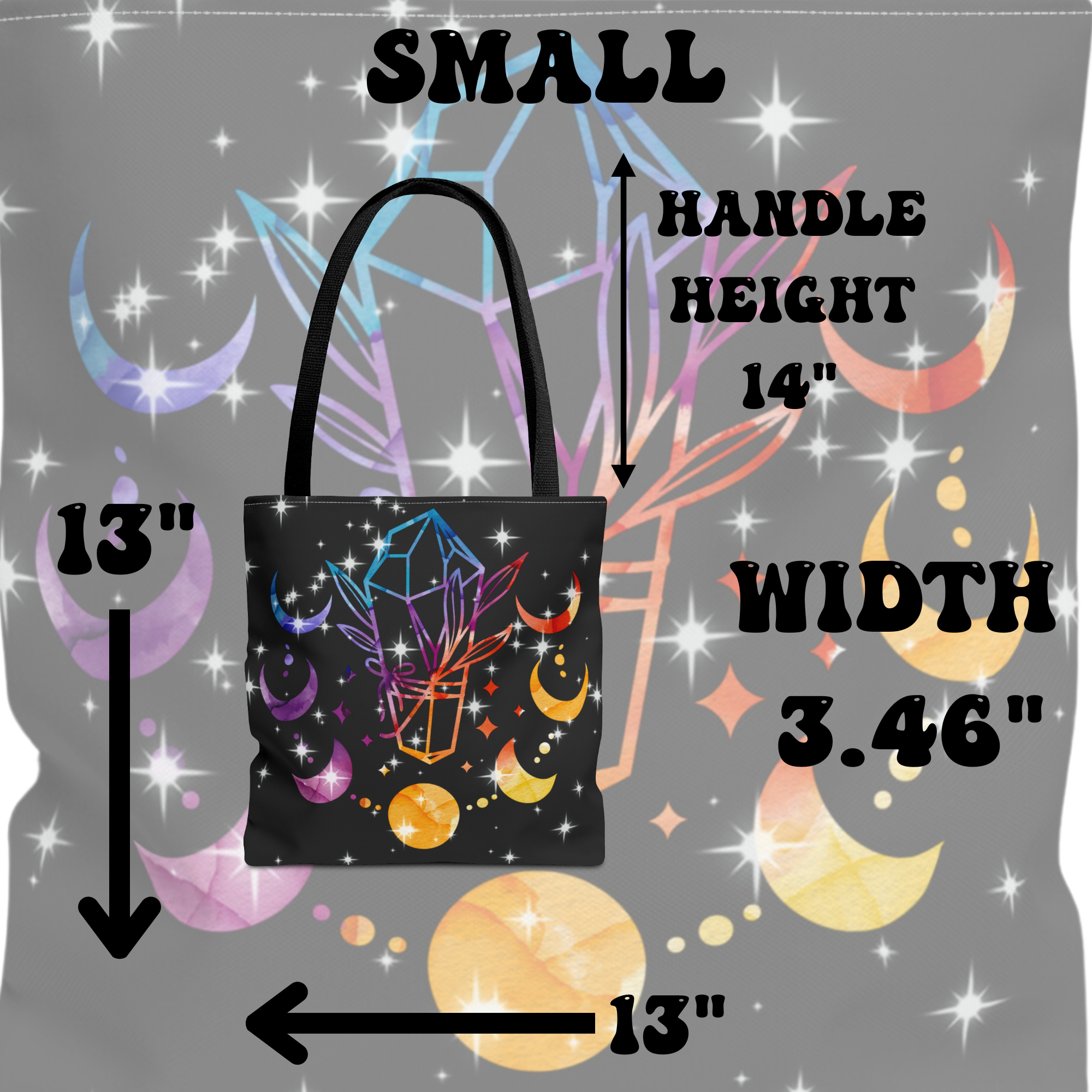 Rainbow Crystal Moon Phase Tote Bag — Celestial Witchy Print