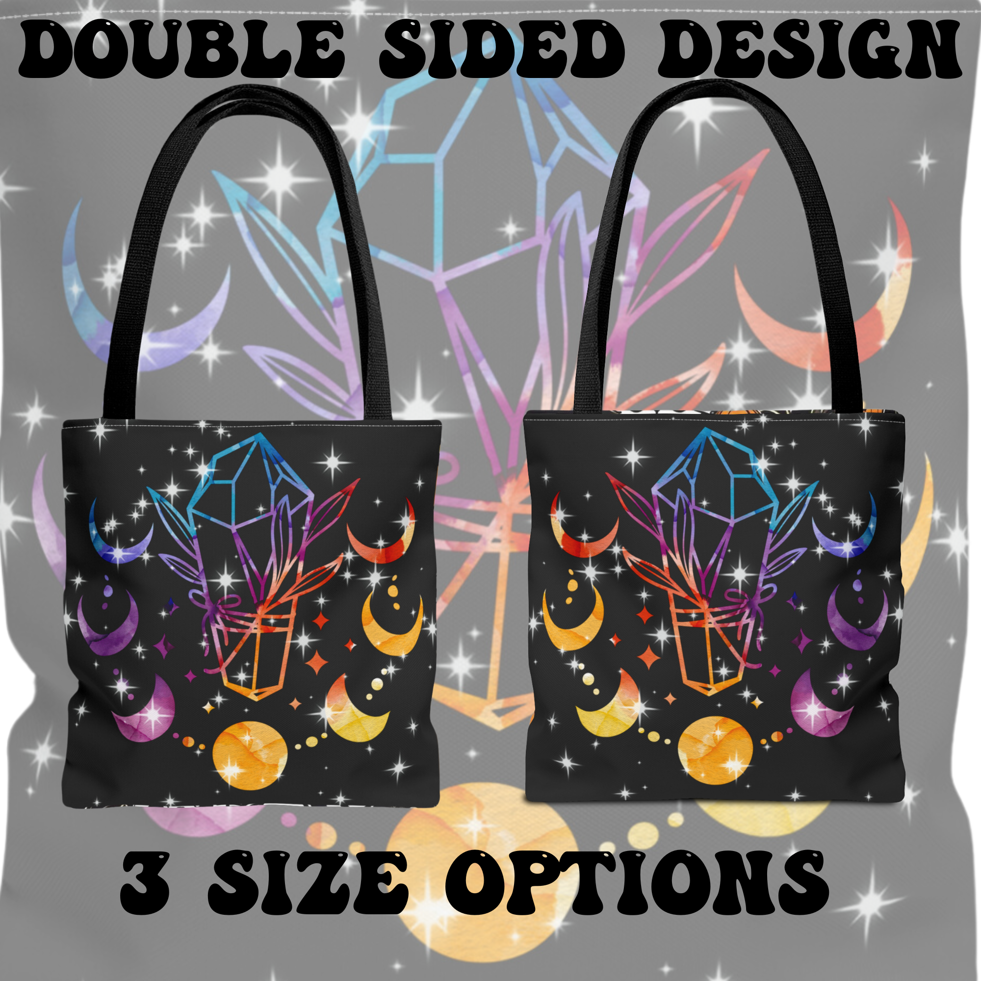 Rainbow Crystal Moon Phase Tote Bag — Celestial Witchy Print