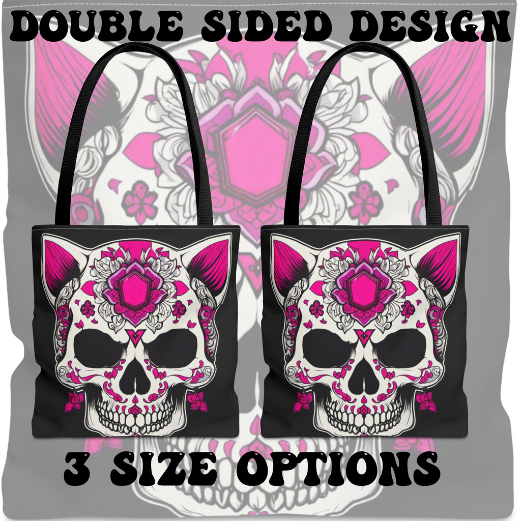 Pink Sugar Skull Cat Tote Bag — Day of the Dead Floral Design