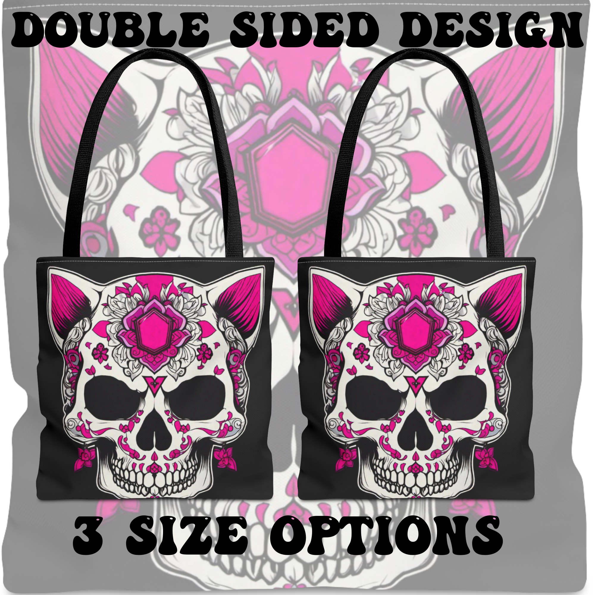 Pink Sugar Skull Cat Tote Bag — Day of the Dead Floral Design