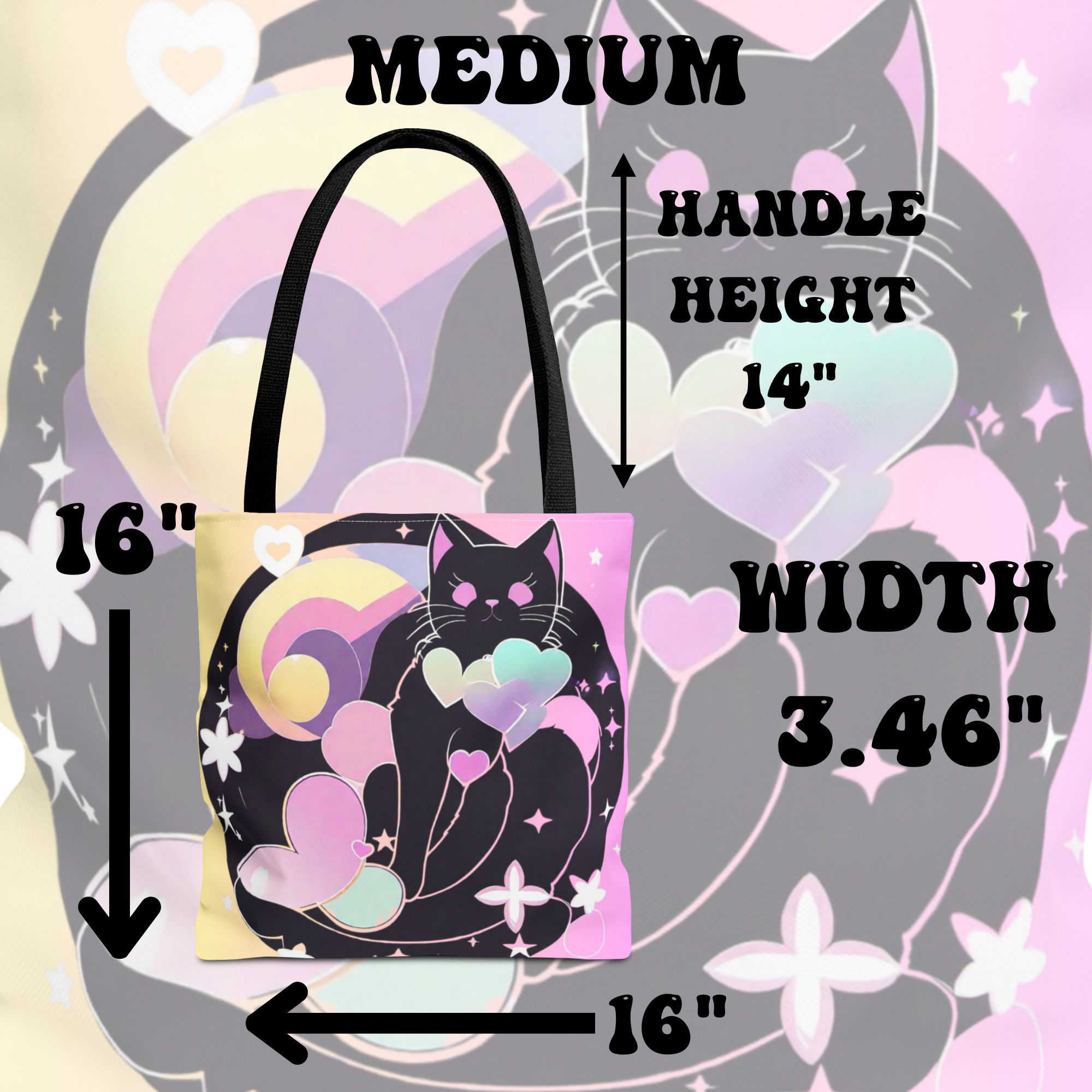 Pastel Goth Black Cat Heart Balloon Tote Bag — Kawaii Moon Print