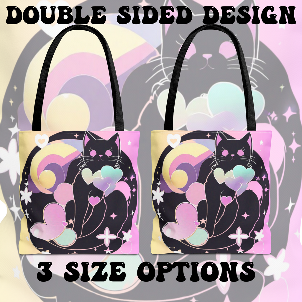 Pastel Goth Black Cat Heart Balloon Tote Bag — Kawaii Moon Print