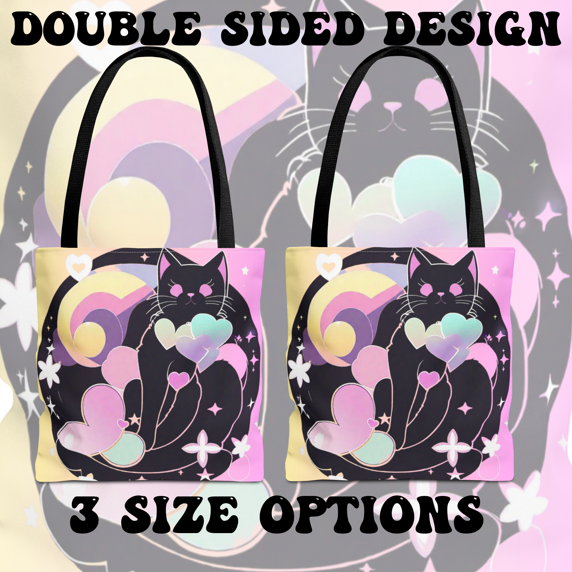 Pastel Goth Black Cat Heart Balloon Tote Bag — Kawaii Moon Print