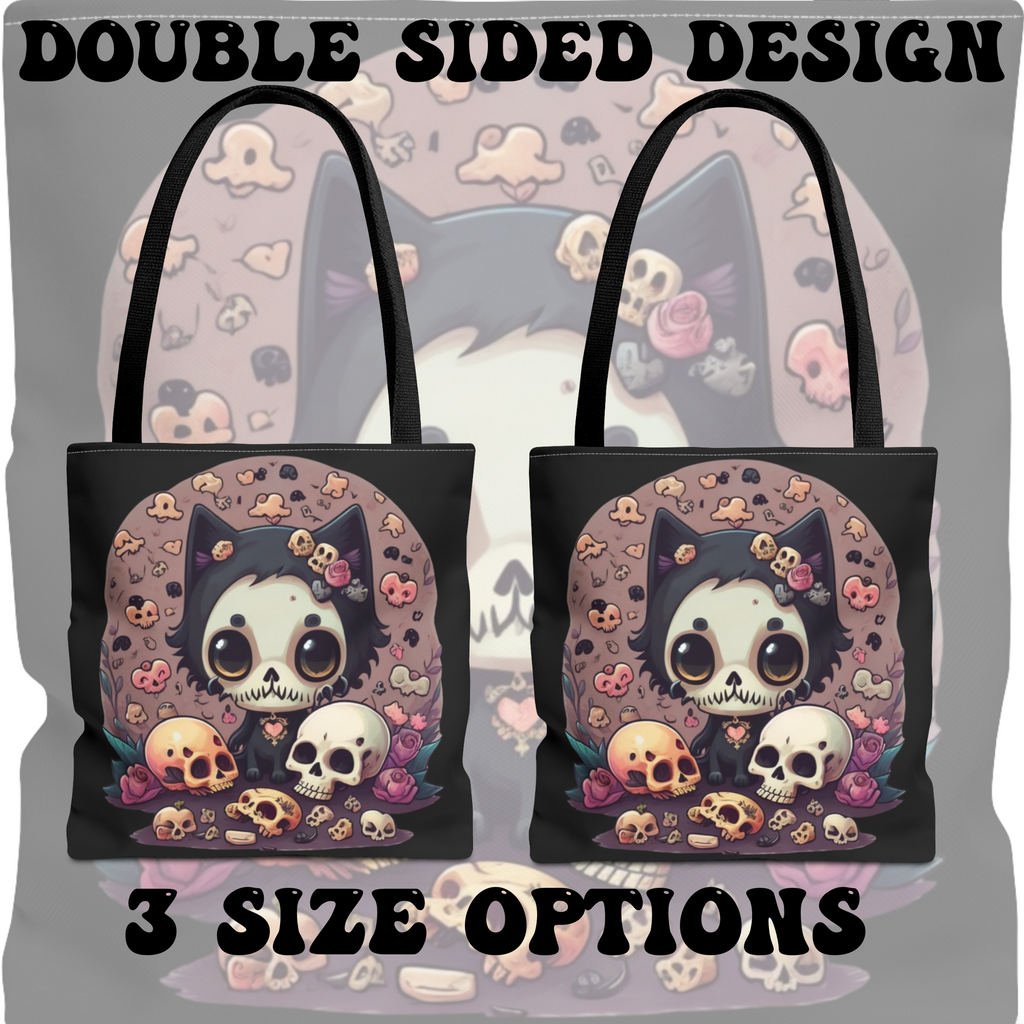 Kawaii Skull Cat Tote Bag — Gothic Cute Skull Illustration