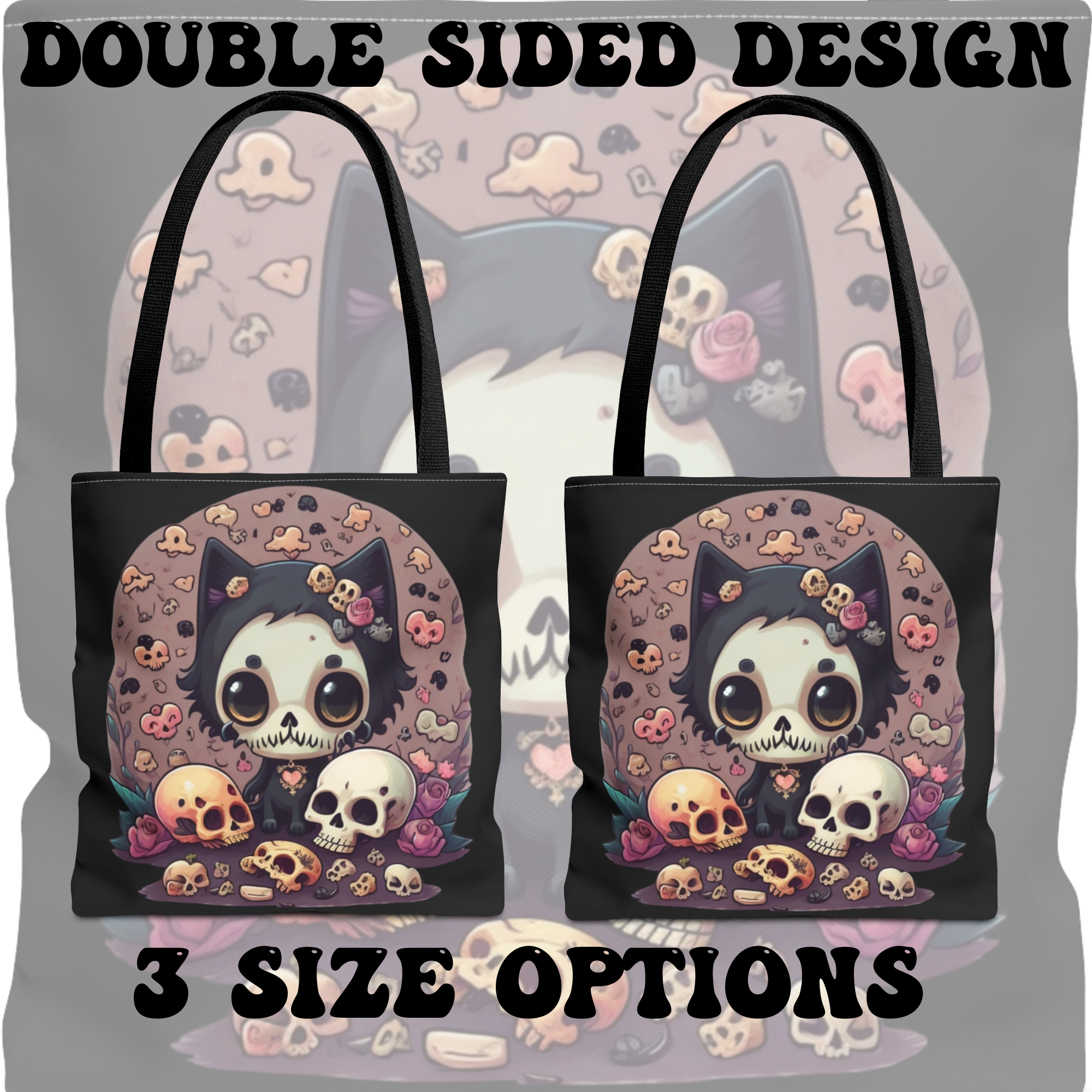 Kawaii Skull Cat Tote Bag — Gothic Cute Skull Illustration