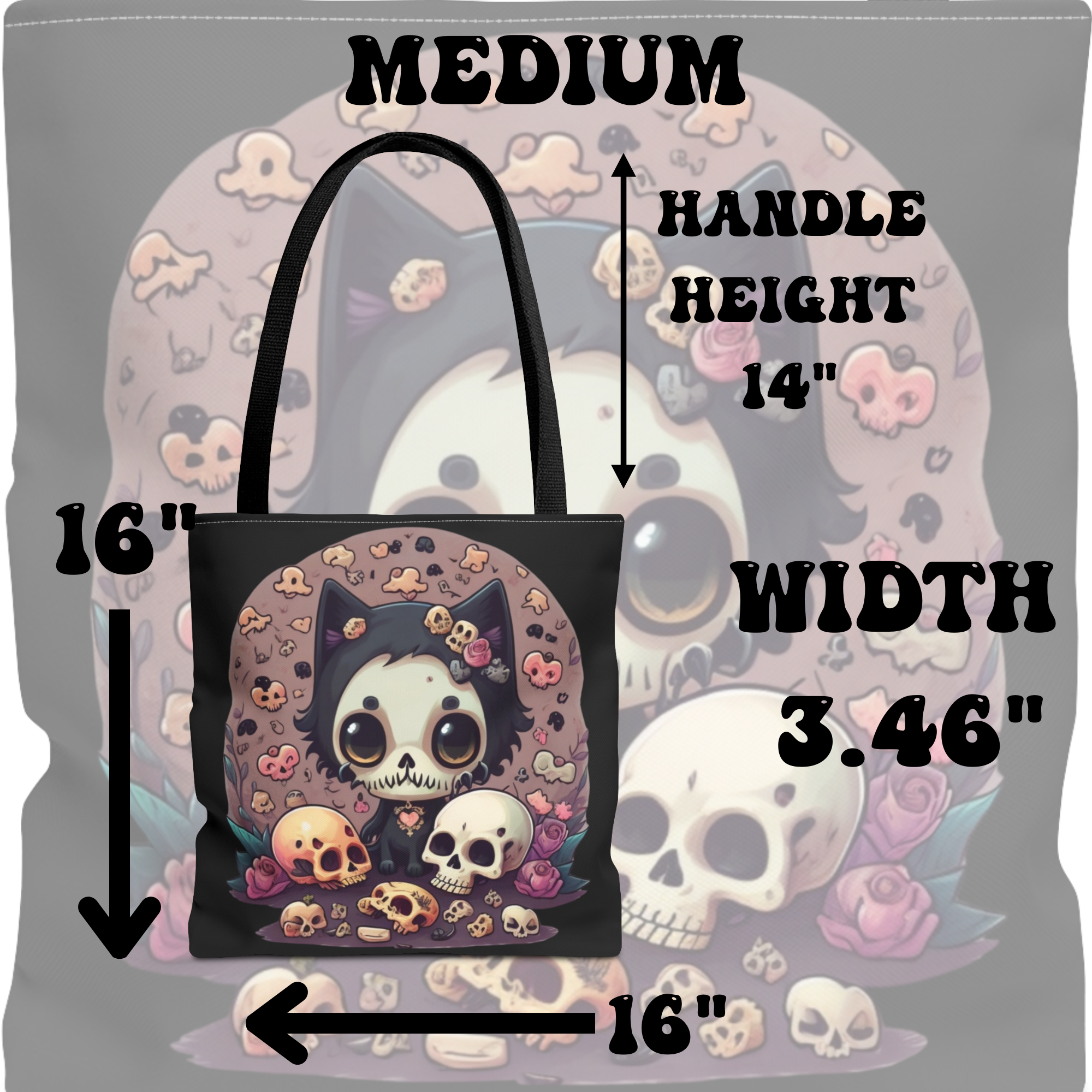 Kawaii Skull Cat Tote Bag — Gothic Cute Skull Illustration