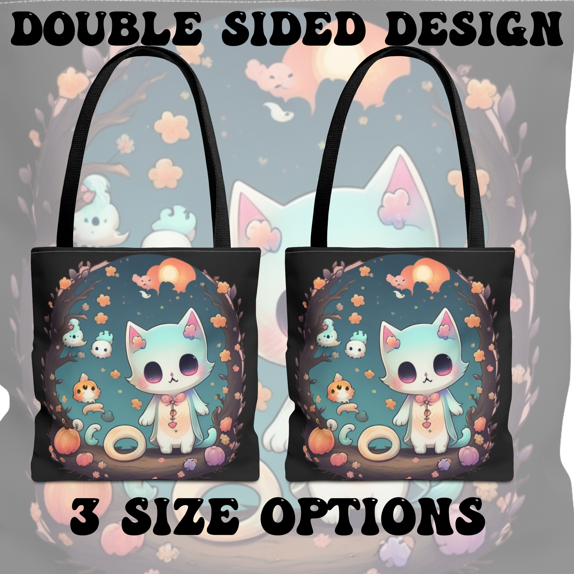 Pastel Goth Kawaii Cat Halloween Tote Bag — Moonlit Forest Scene