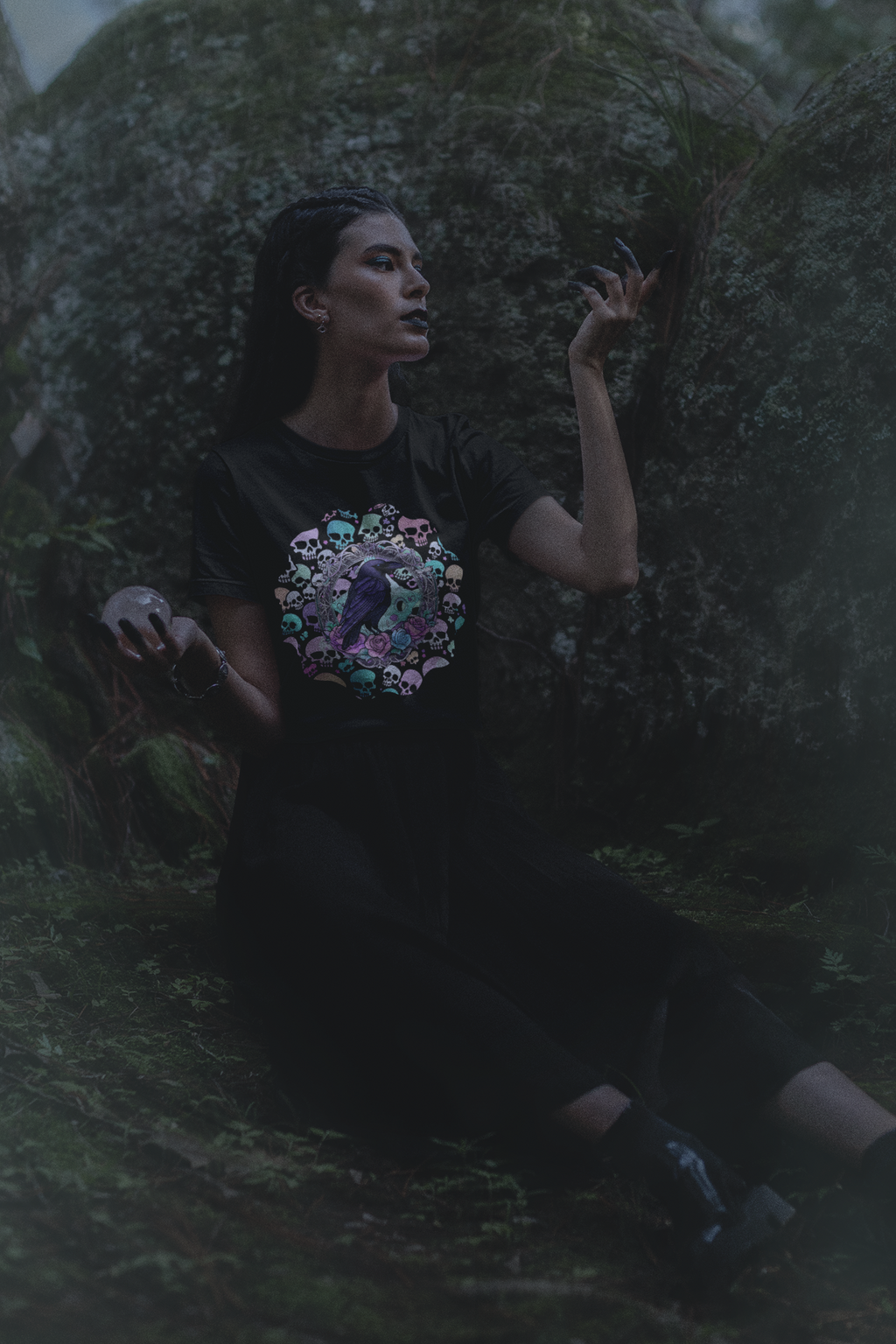 Pastel Goth Raven & Skull Mandala T-Shirt — Gothic Corvid Tee