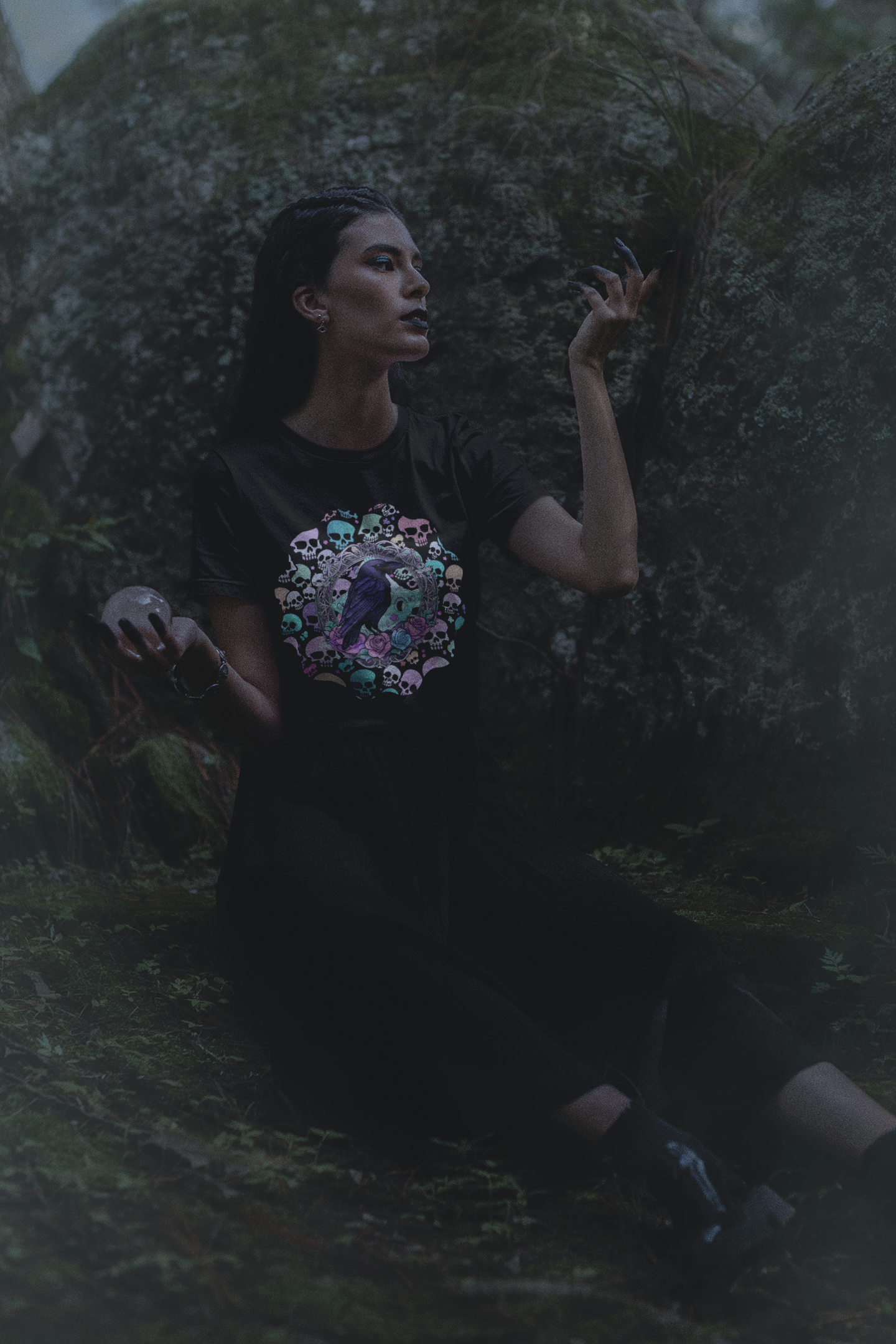 Pastel Goth Raven & Skull Mandala T-Shirt — Gothic Corvid Tee