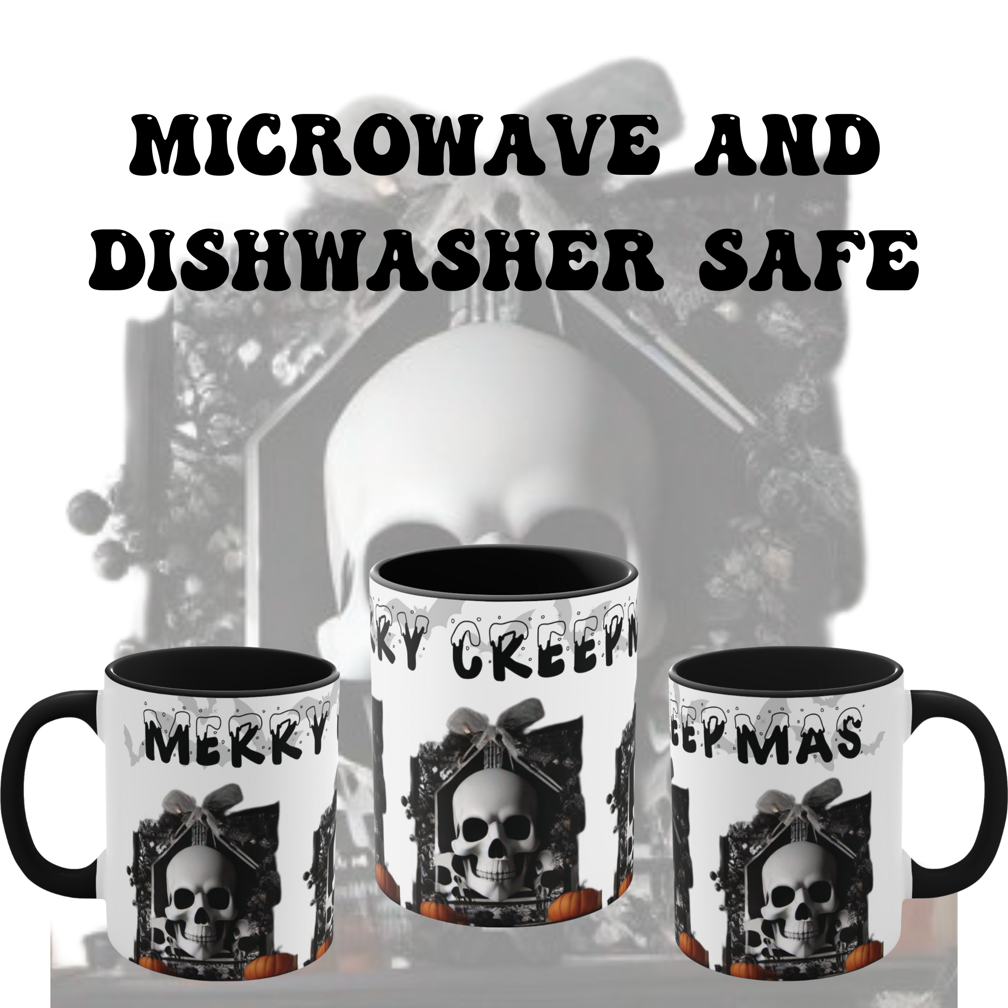 White ceramic mug with black accent interior and handle featuring a gothic skull in ornate frame with bow, wreath, pumpkins, and "Merry Creepmas" dripping lettering