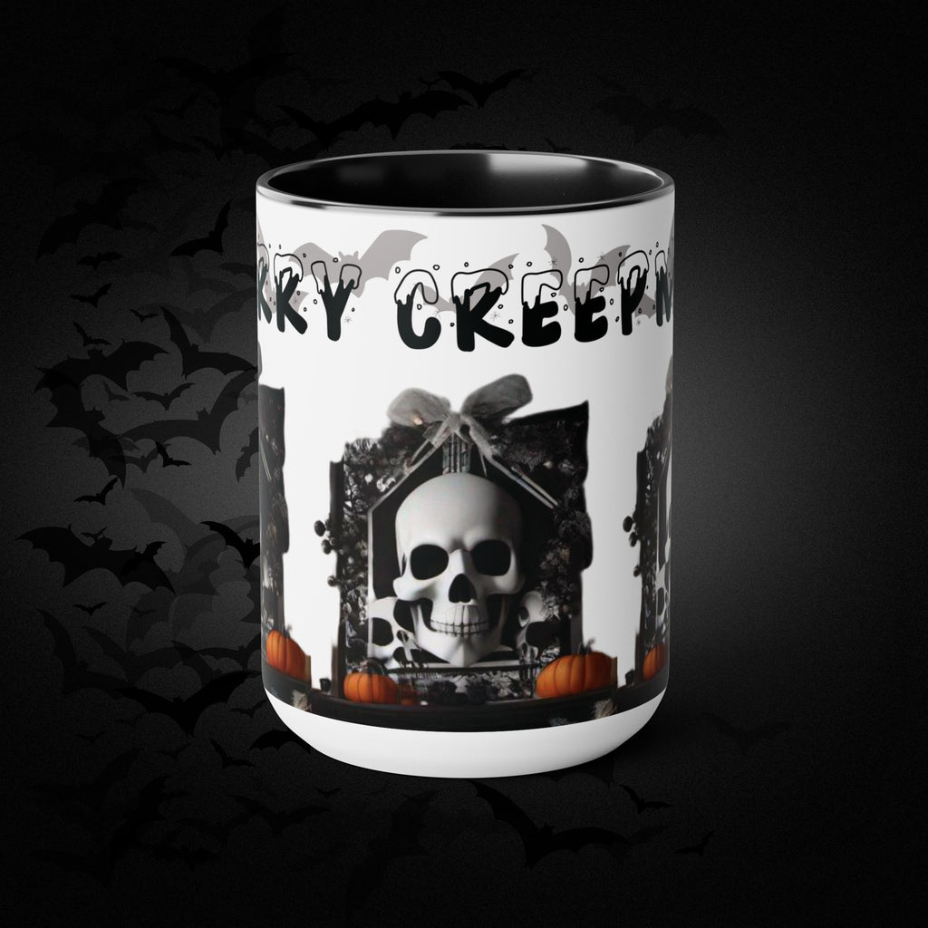 Merry Creepmas Gothic Skull Coffee Mug — Black Accent Ceramic Mug