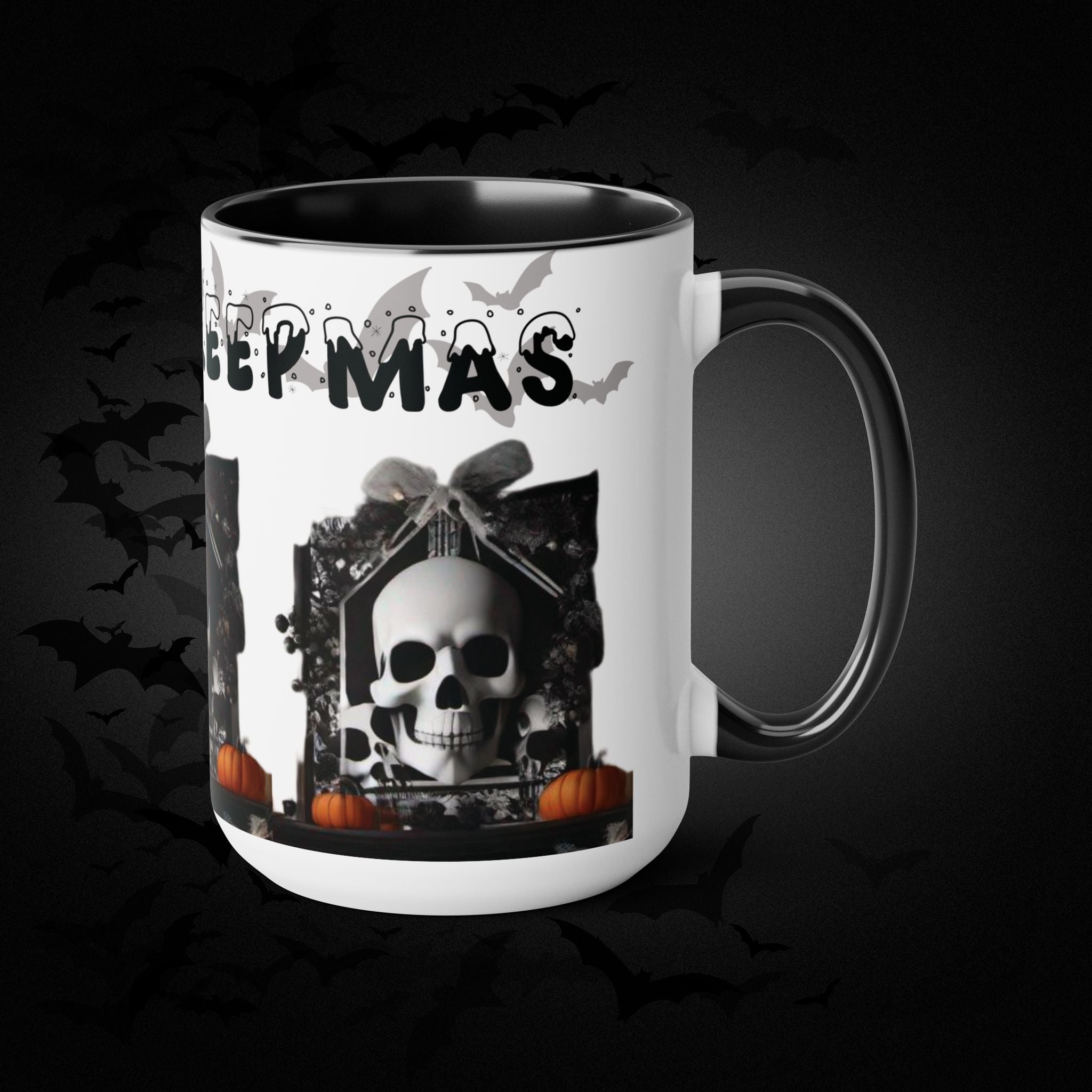 Merry Creepmas Gothic Skull Coffee Mug — Black Accent Ceramic Mug