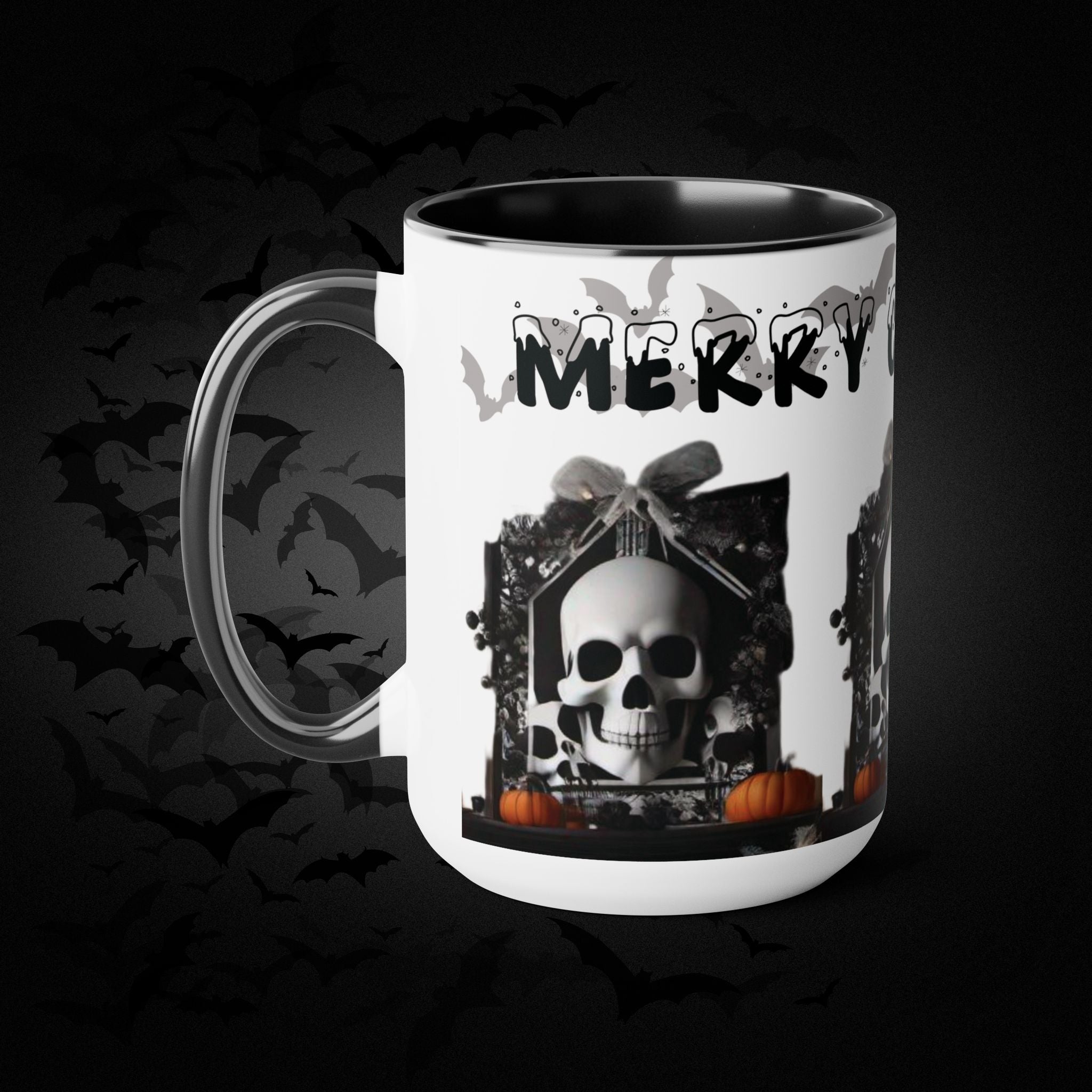 Merry Creepmas Gothic Skull Coffee Mug — Black Accent Ceramic Mug