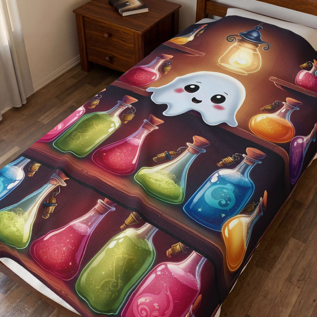Throw blanket with kawaii ghost floating above shelves of colorful glowing potion bottles in pink, green, blue, amber, and purple with a vintage lantern in a dark apothecary setting