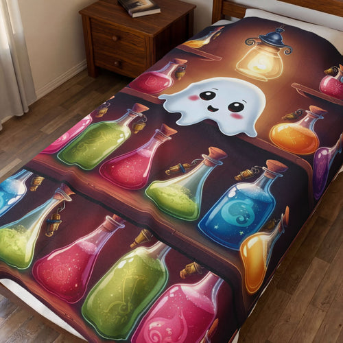 Throw blanket with kawaii ghost floating above shelves of colorful glowing potion bottles in pink, green, blue, amber, and purple with a vintage lantern in a dark apothecary setting