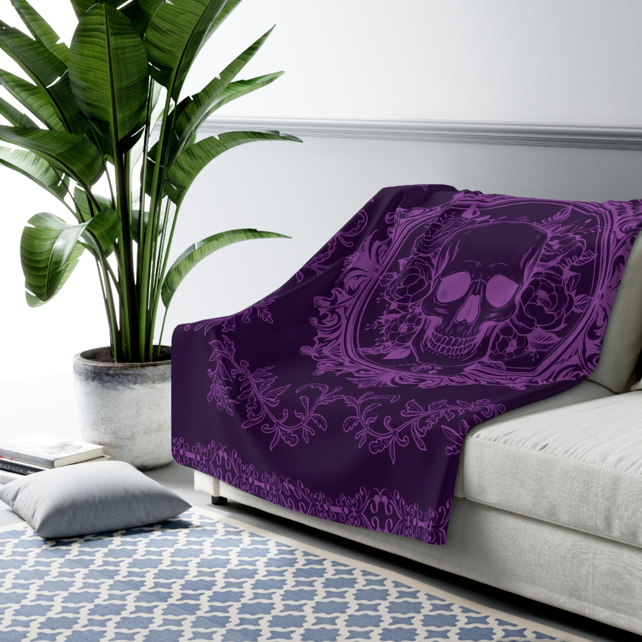 Gothic Purple Skull Botanical Throw Blanket — Tonal Dark Elegance