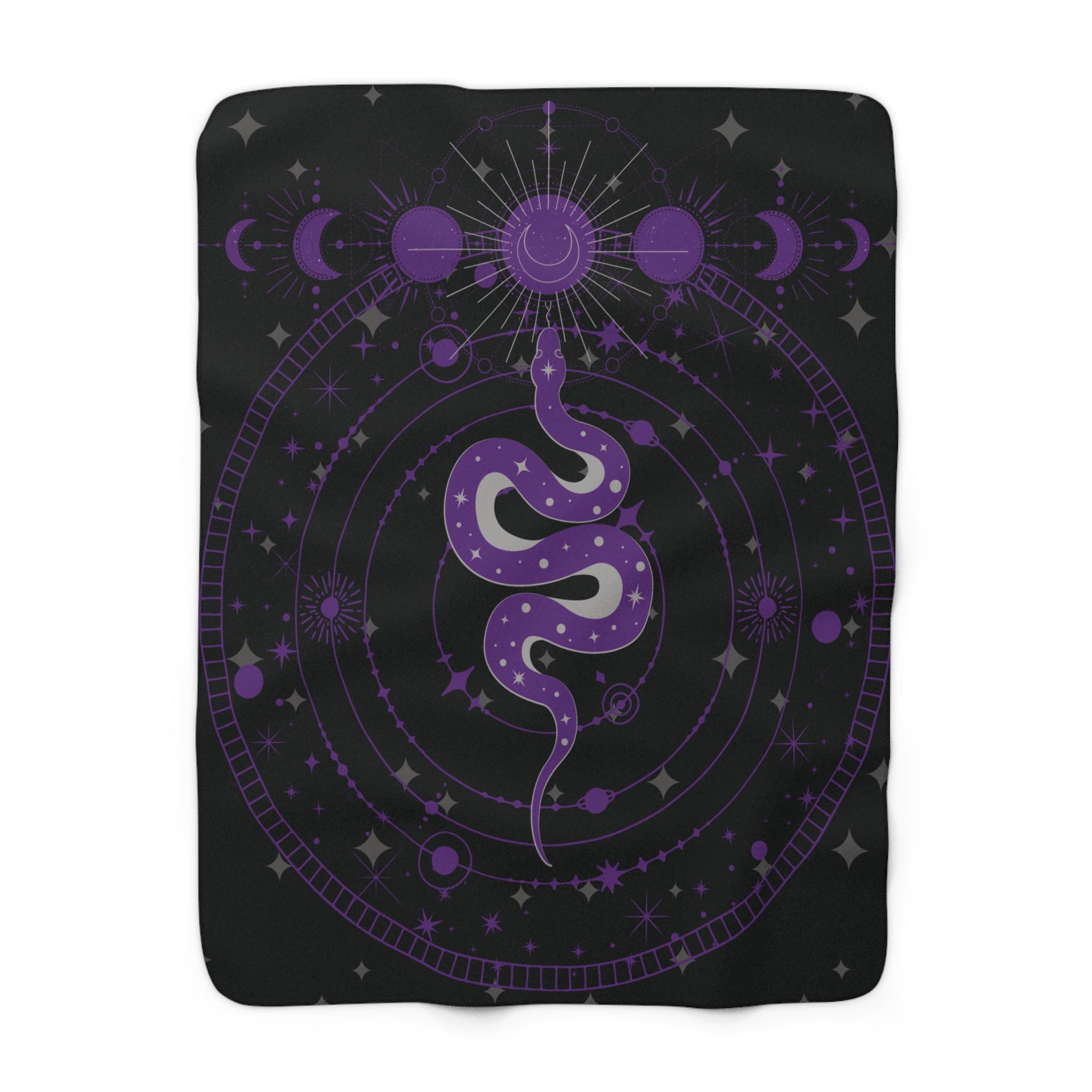 Gothic Celestial Snake Moon Phase Throw Blanket — Purple & Black Witchy Decor