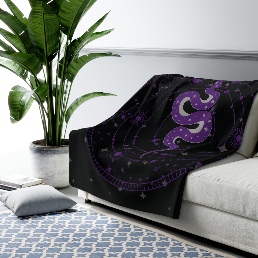 Gothic Celestial Snake Moon Phase Throw Blanket — Purple & Black Witchy Decor