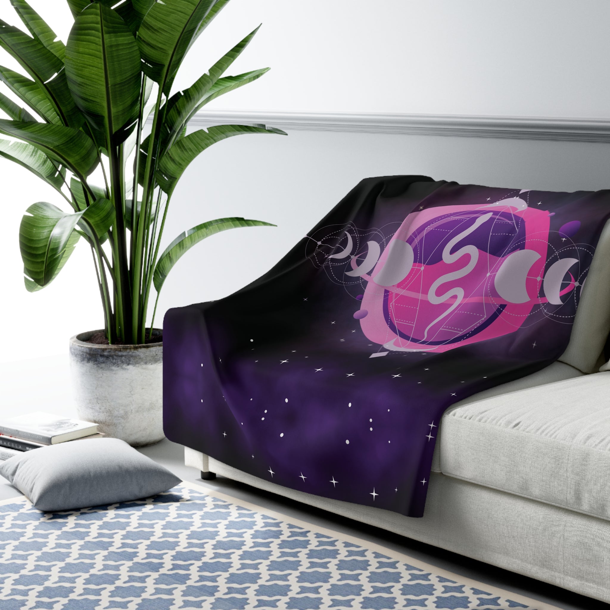 Pastel Goth Celestial Snake Moon Phase Throw Blanket — Pink & Purple Witchy Decor