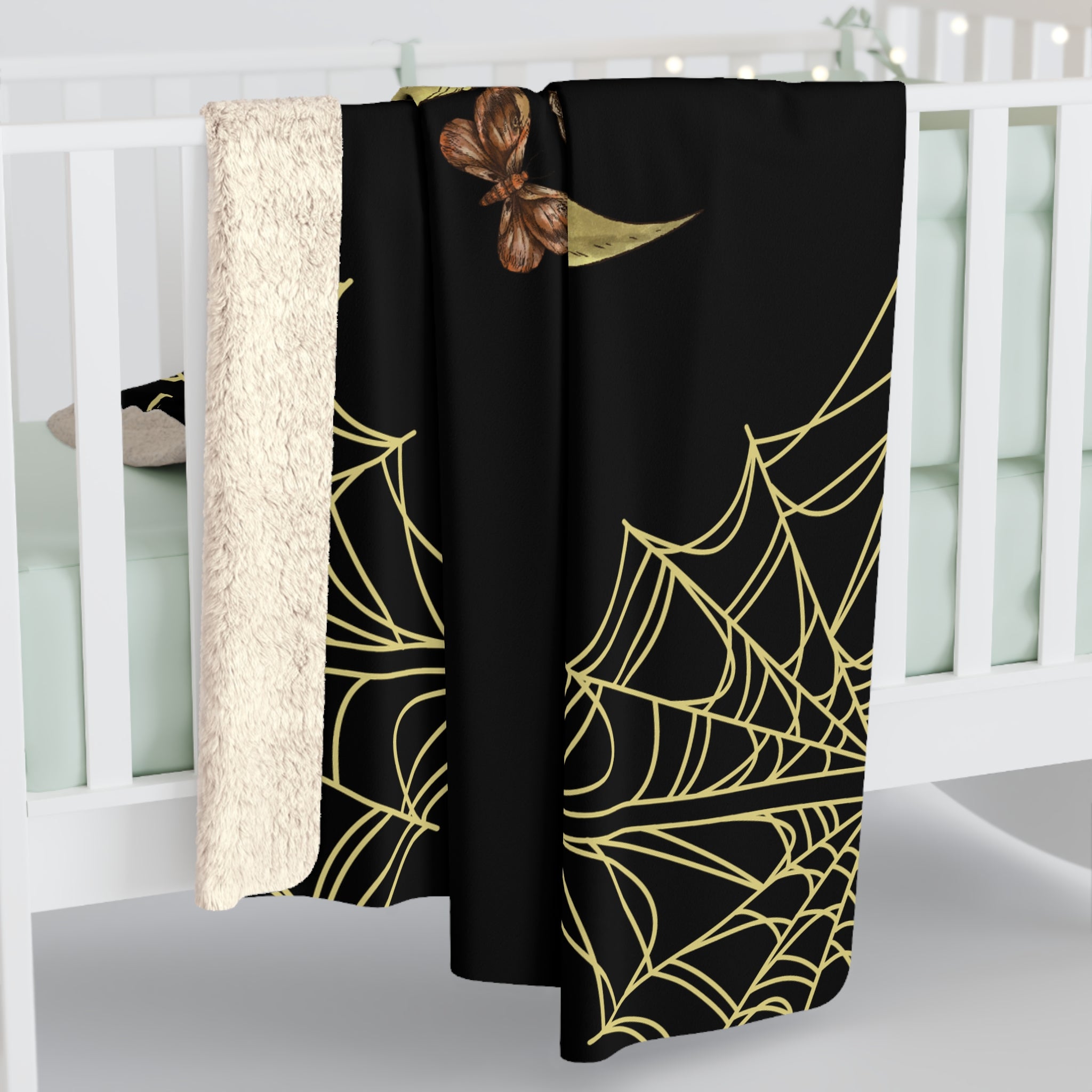 Gothic Gold Moon Skull Throw Blanket — Moonlit Halloween Home Decor