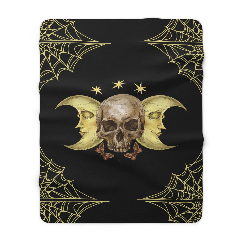 Gothic Gold Moon Skull Throw Blanket — Moonlit Halloween Home Decor