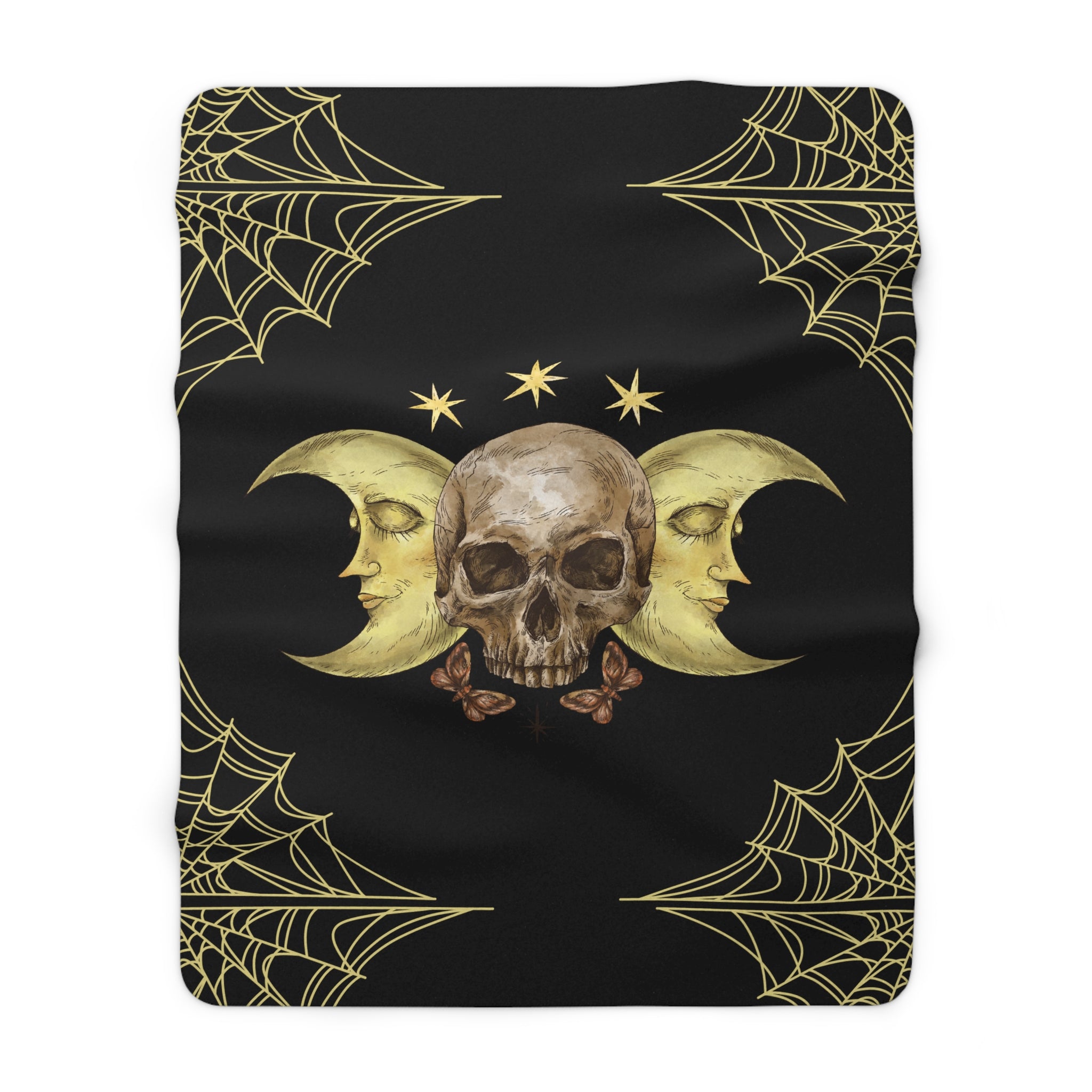 Gothic Gold Moon Skull Throw Blanket — Moonlit Halloween Home Decor