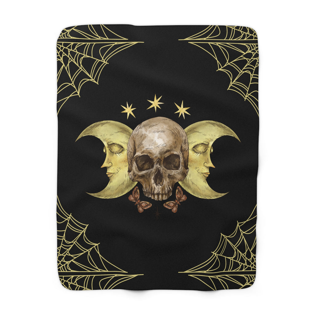 Gothic Gold Moon Skull Throw Blanket — Moonlit Halloween Home Decor