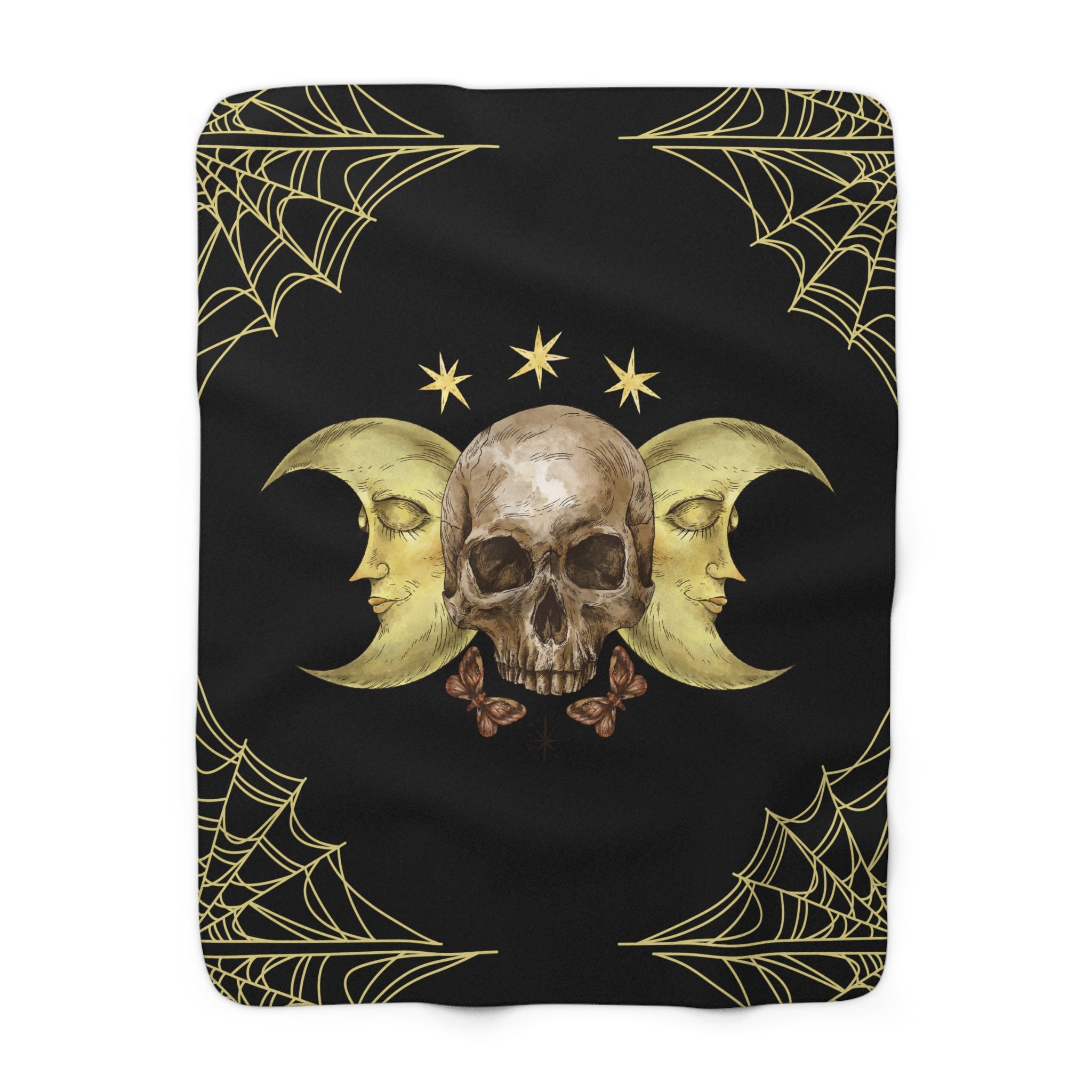 Gothic Gold Moon Skull Throw Blanket — Moonlit Halloween Home Decor