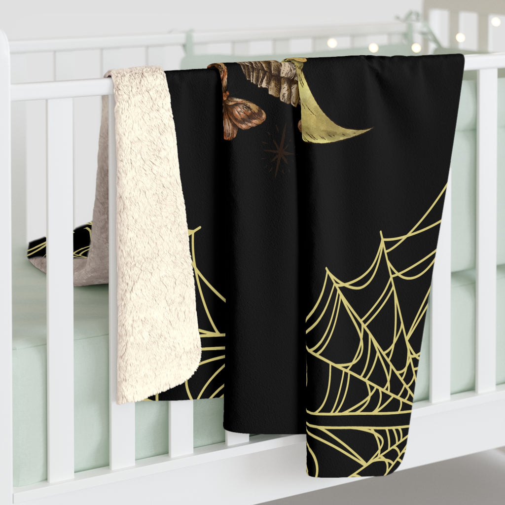 Gothic Gold Moon Skull Throw Blanket — Moonlit Halloween Home Decor