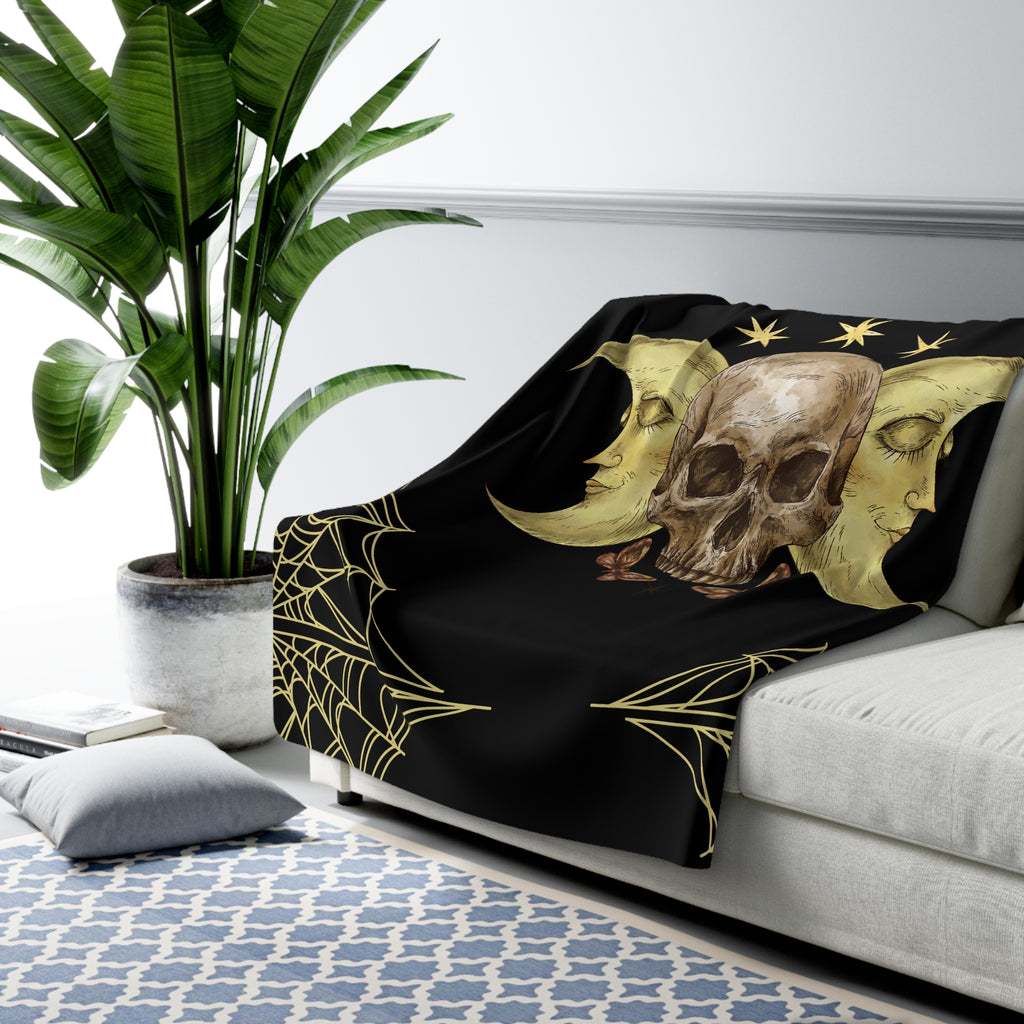 Gothic Gold Moon Skull Throw Blanket — Moonlit Halloween Home Decor