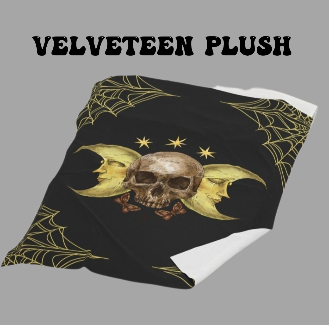 Gothic Gold Moon Skull Throw Blanket — Moonlit Halloween Home Decor