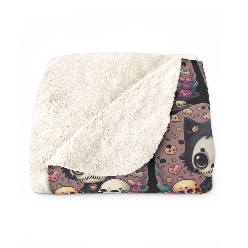 Kawaii Skull Cat Throw Blanket — Creepy Cute Gothic Home Decor