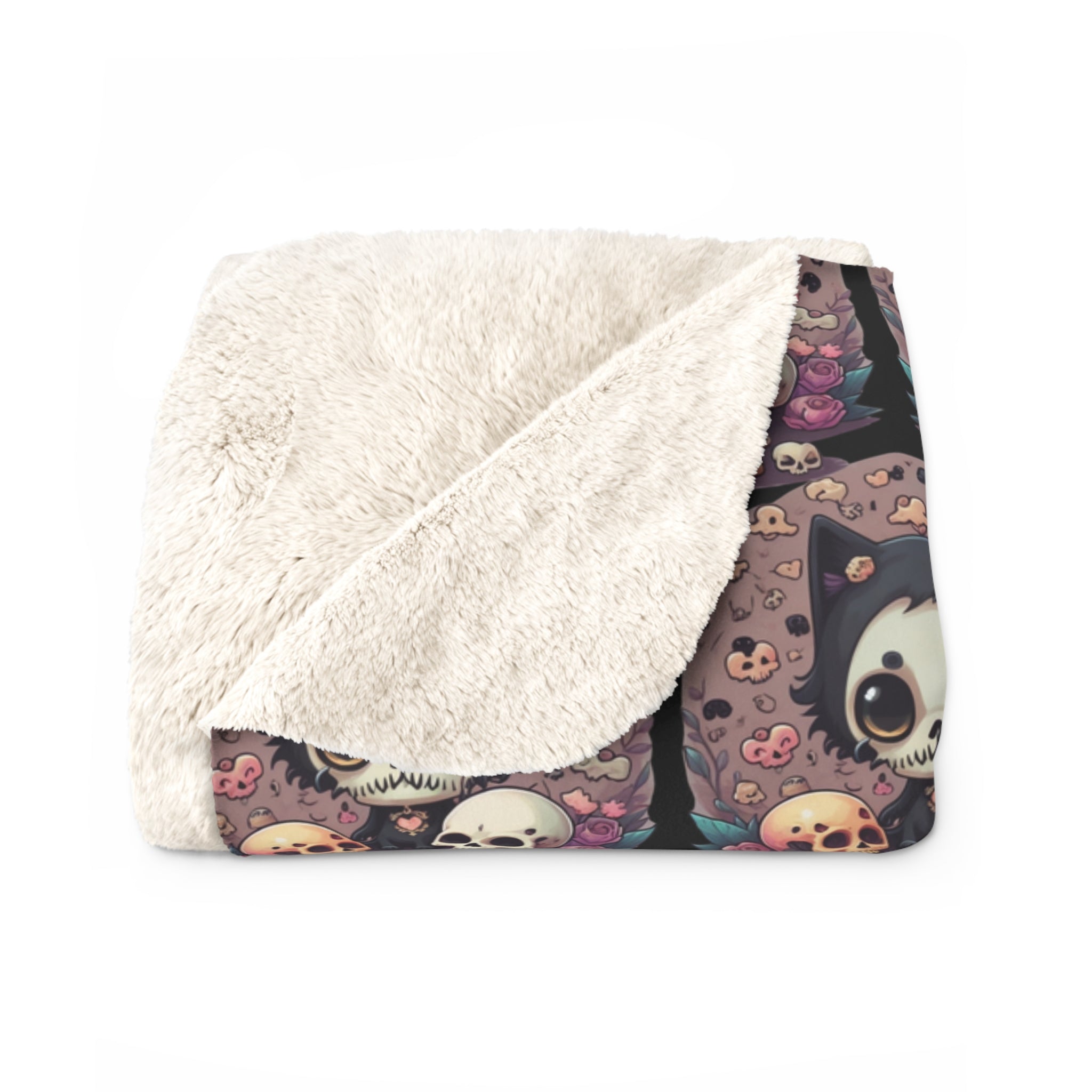 Kawaii Skull Cat Throw Blanket — Creepy Cute Gothic Home Decor