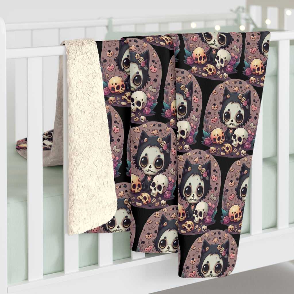 Kawaii Skull Cat Throw Blanket — Creepy Cute Gothic Home Decor