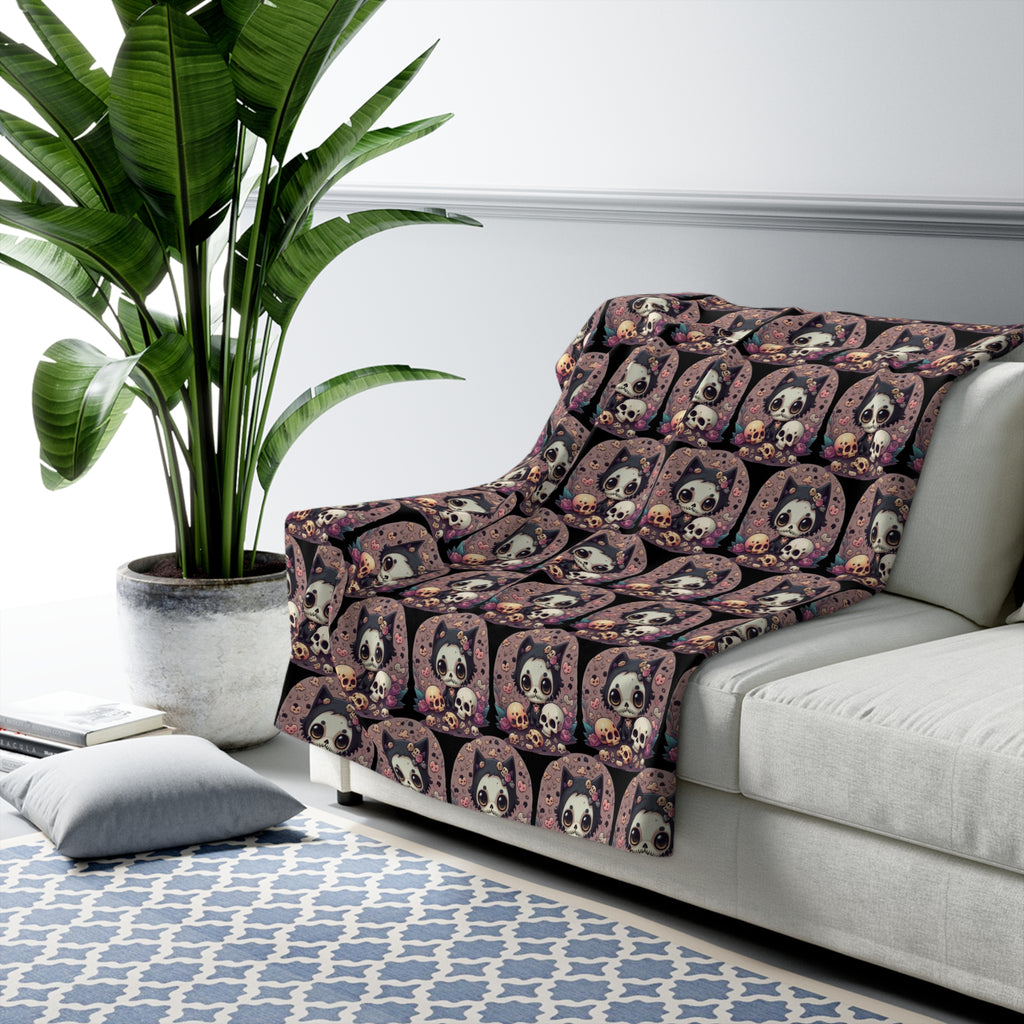 Kawaii Skull Cat Throw Blanket — Creepy Cute Gothic Home Decor