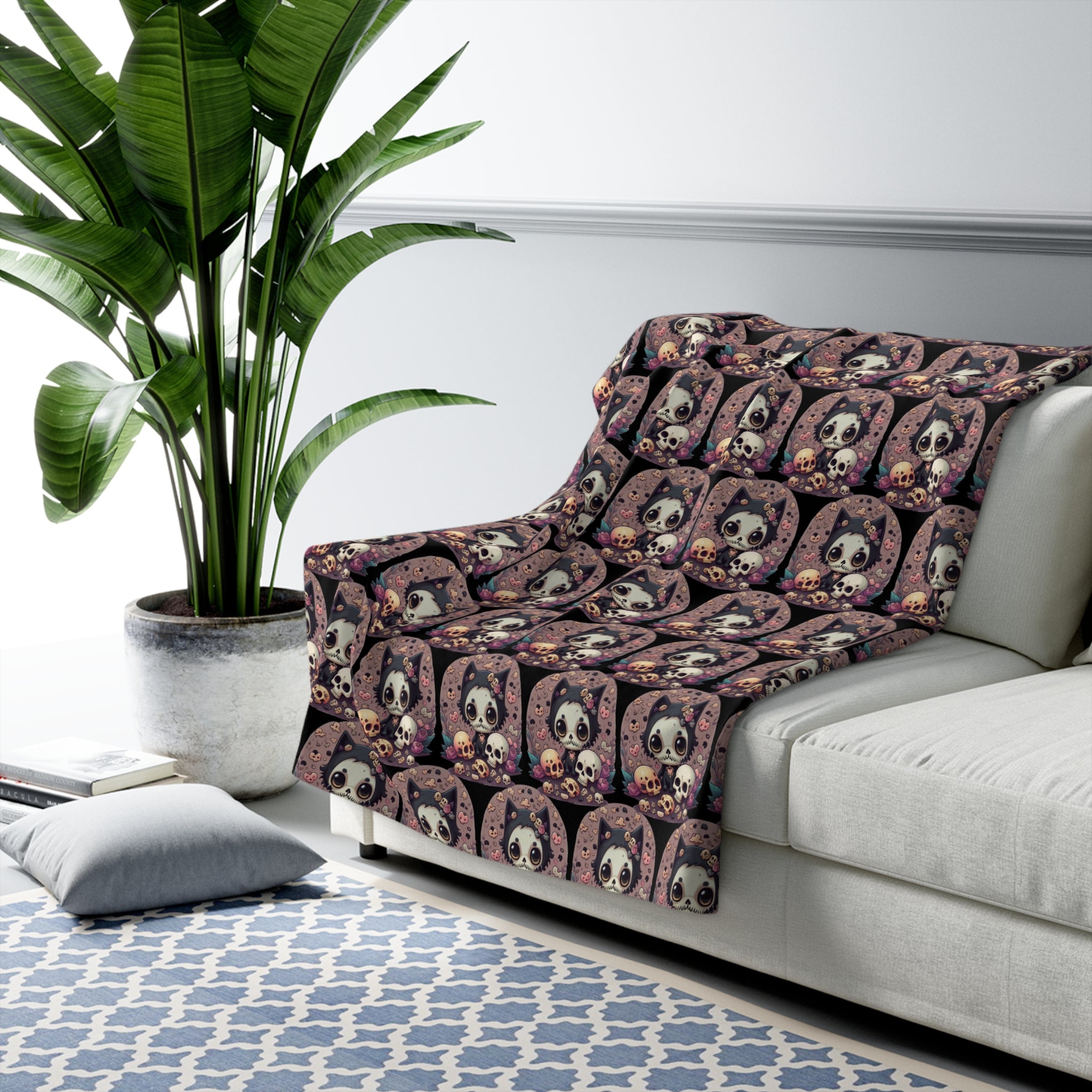 Kawaii Skull Cat Throw Blanket — Creepy Cute Gothic Home Decor