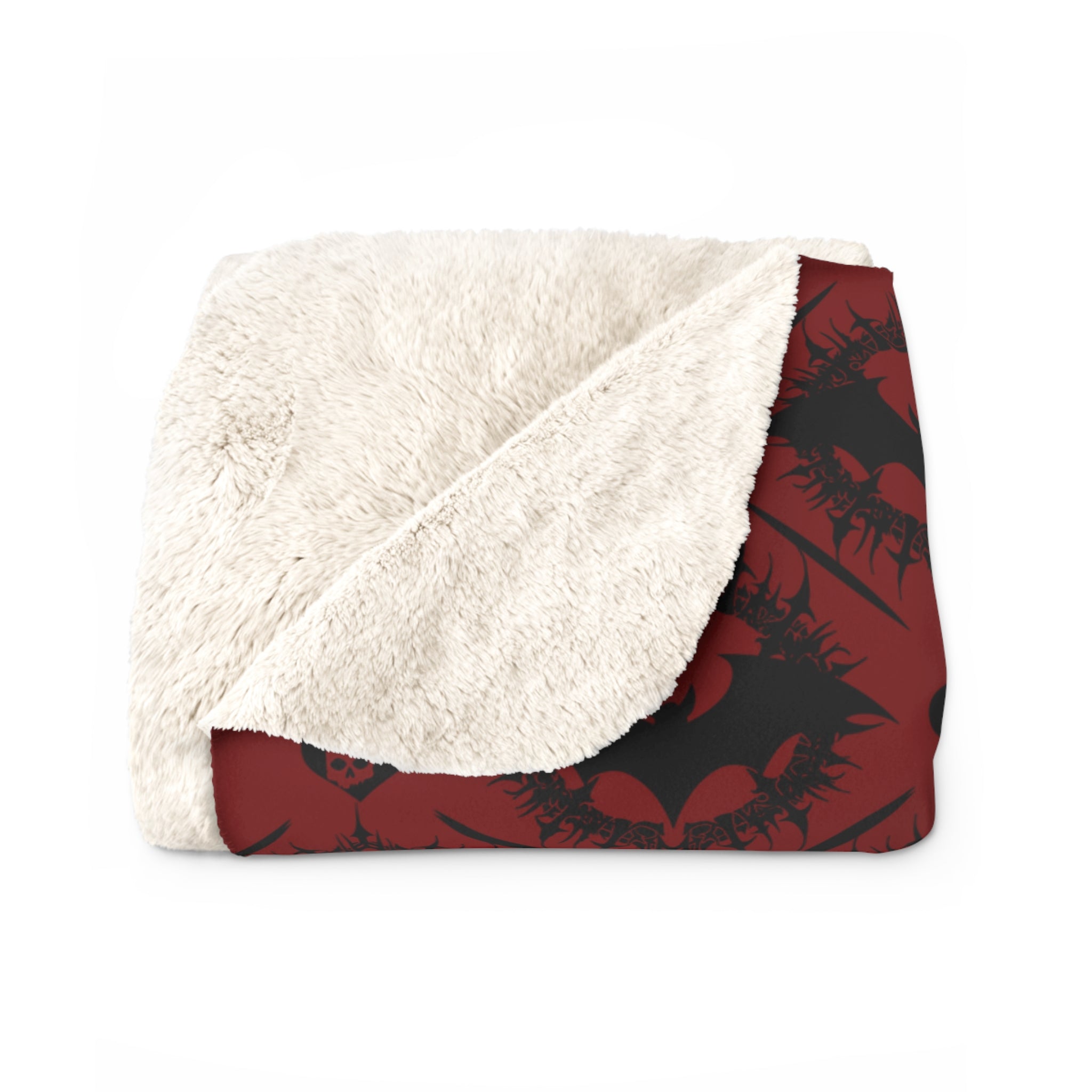 Gothic Bat & Skull Heart Throw Blanket — Crimson Red Colorway