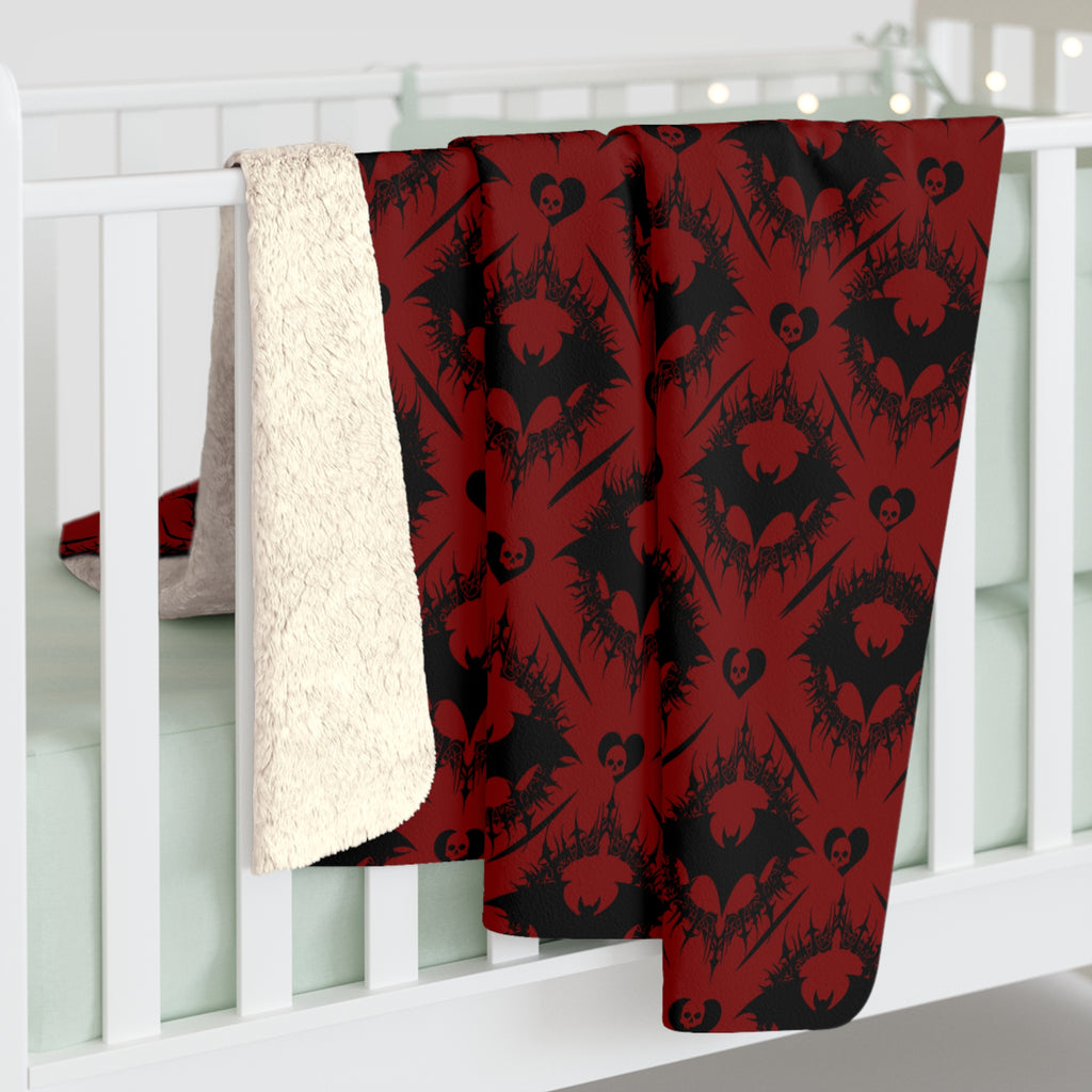 Gothic Bat & Skull Heart Throw Blanket — Crimson Red Colorway