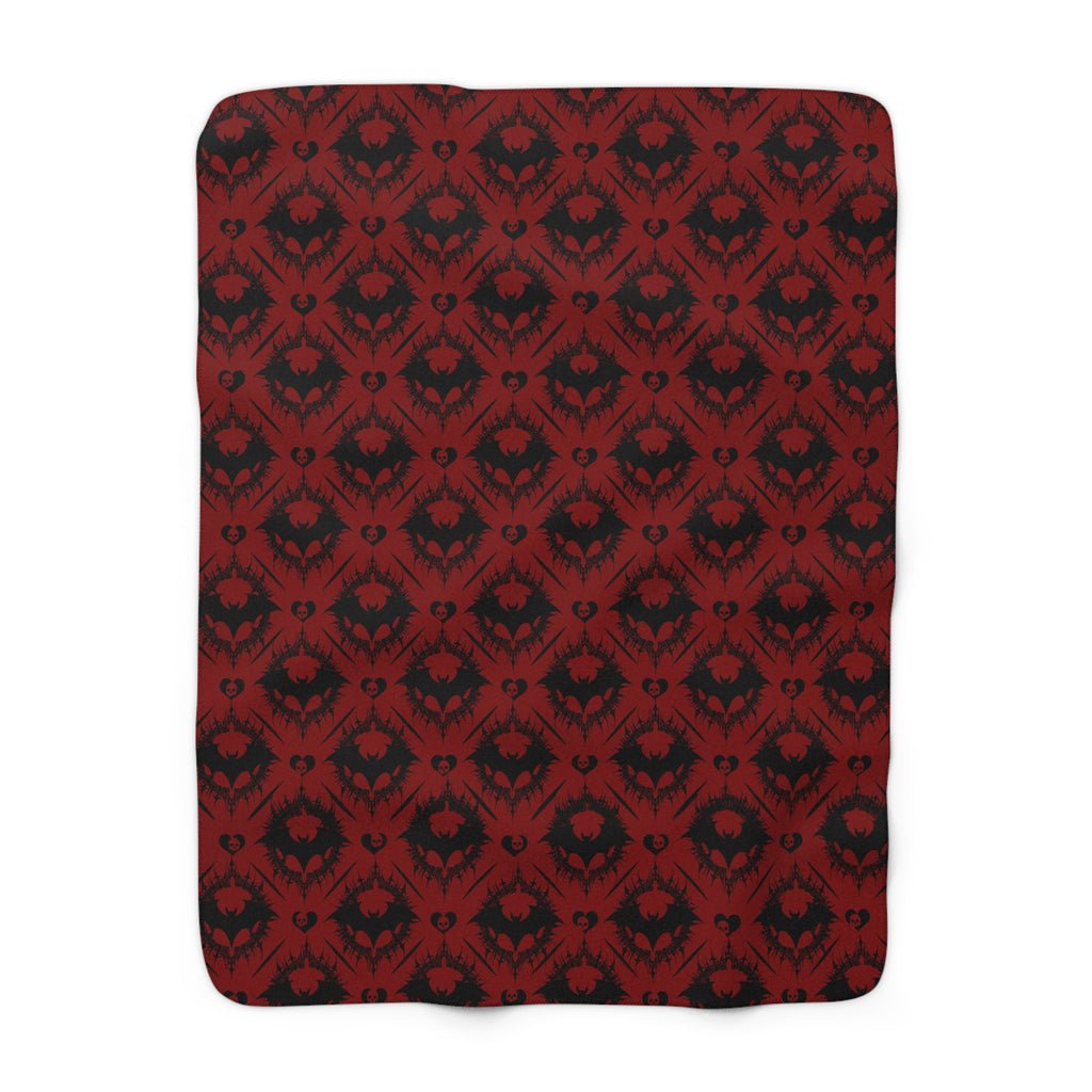 Gothic Bat & Skull Heart Throw Blanket — Crimson Red Colorway
