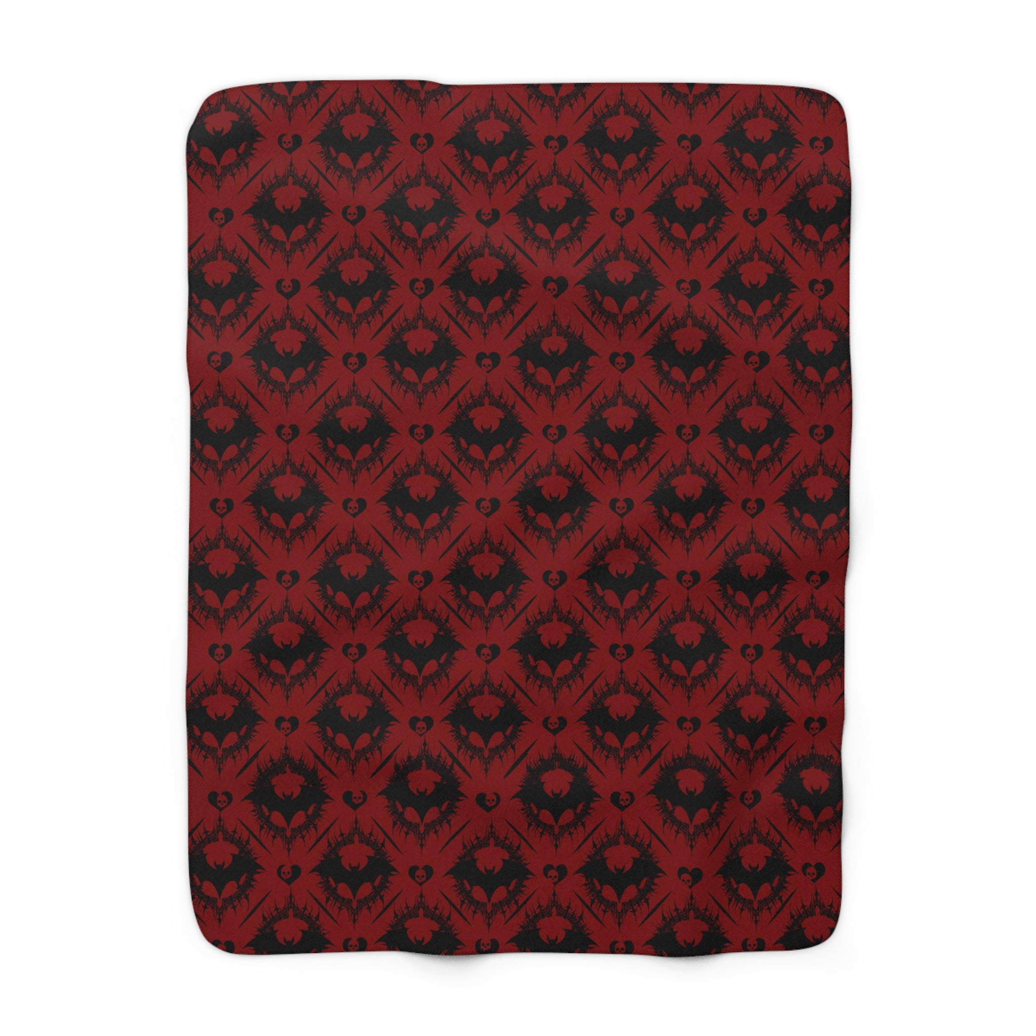 Gothic Bat & Skull Heart Throw Blanket — Crimson Red Colorway