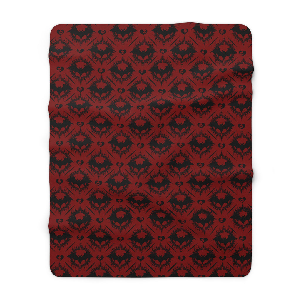 Gothic Bat & Skull Heart Throw Blanket — Crimson Red Colorway